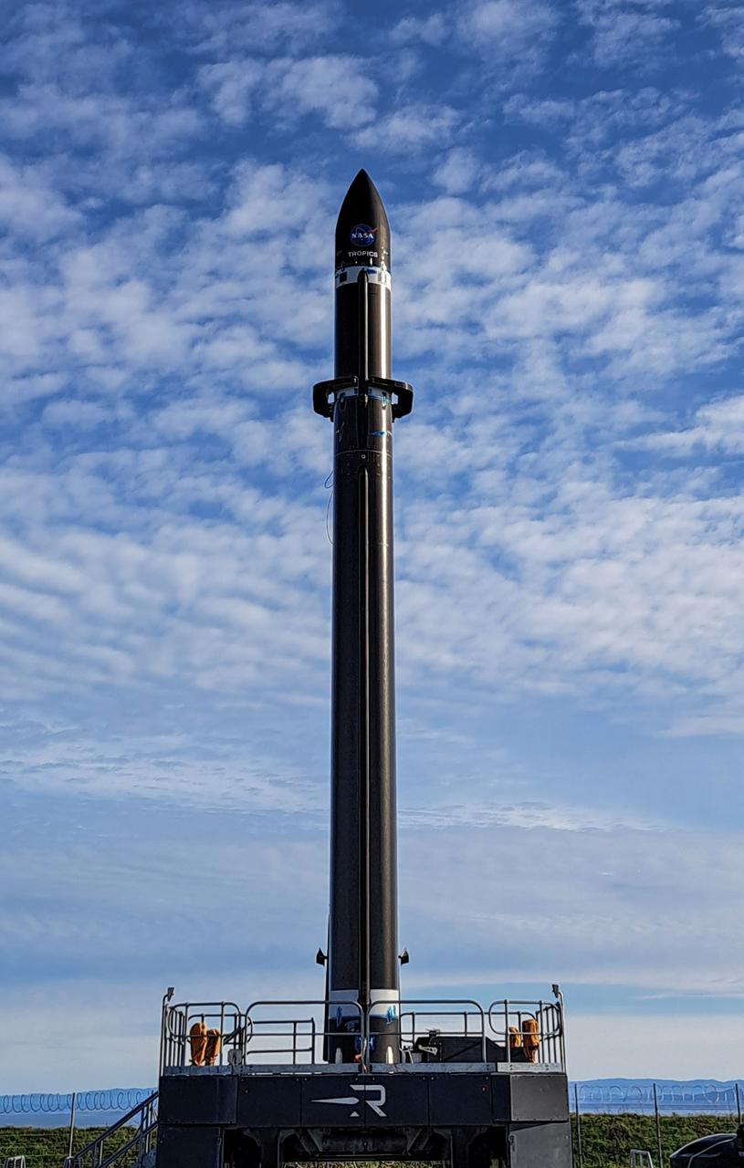 Rocket Lab’s Electron rocket is vertical on the pad at Launch Complex 1 in Mahia, New Zealand, during a May 18, 2023, wet dress rehearsal for NASA’s Time-Resolved Observations of Precipitation structure and storm Intensity with a Constellation of Smallsats (TROPICS) launch. After successfully launching the first pair of small satellites earlier this month from New Zealand, NASA and Rocket Lab are targeting no earlier than 12 a.m. EDT Thursday, May 25 (4 p.m. NZST), to launch the second pair of storm tracking CubeSats into orbit. NASA will use TROPICS to study tropical cyclones as part of the agency’s Earth Venture Class missions.