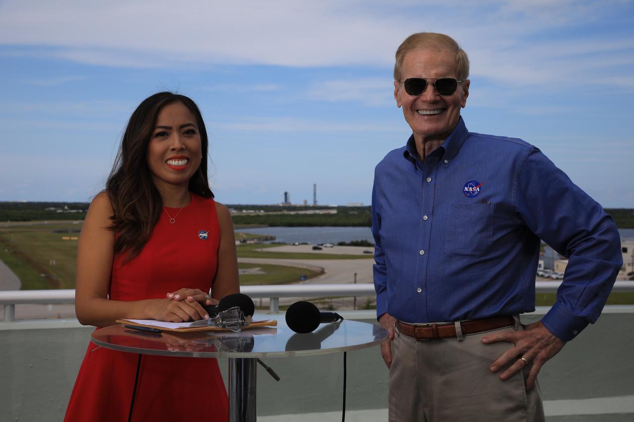 NASA Communications’ Megan Cruz (left) prepares to interview NASA Administrator Bill Nelson during a live broadcast ahead of the Axiom Mission 2 (Ax-2) launch from the agency’s Kennedy Space Center in Florida on May 21, 2023. Ax-2 is the second all private astronaut mission to the International Space Station, sending Commander Peggy Whitson, Pilot John Shoffner, and Mission Specialists Ali Alqarni and Rayyanah Barnawi to the orbiting laboratory, where they will spend about 10 days conducting scientific research, outreach, and commercial activities. Liftoff occurred at 5:37 p.m. EDT from Kennedy’s Launch Complex 39A.