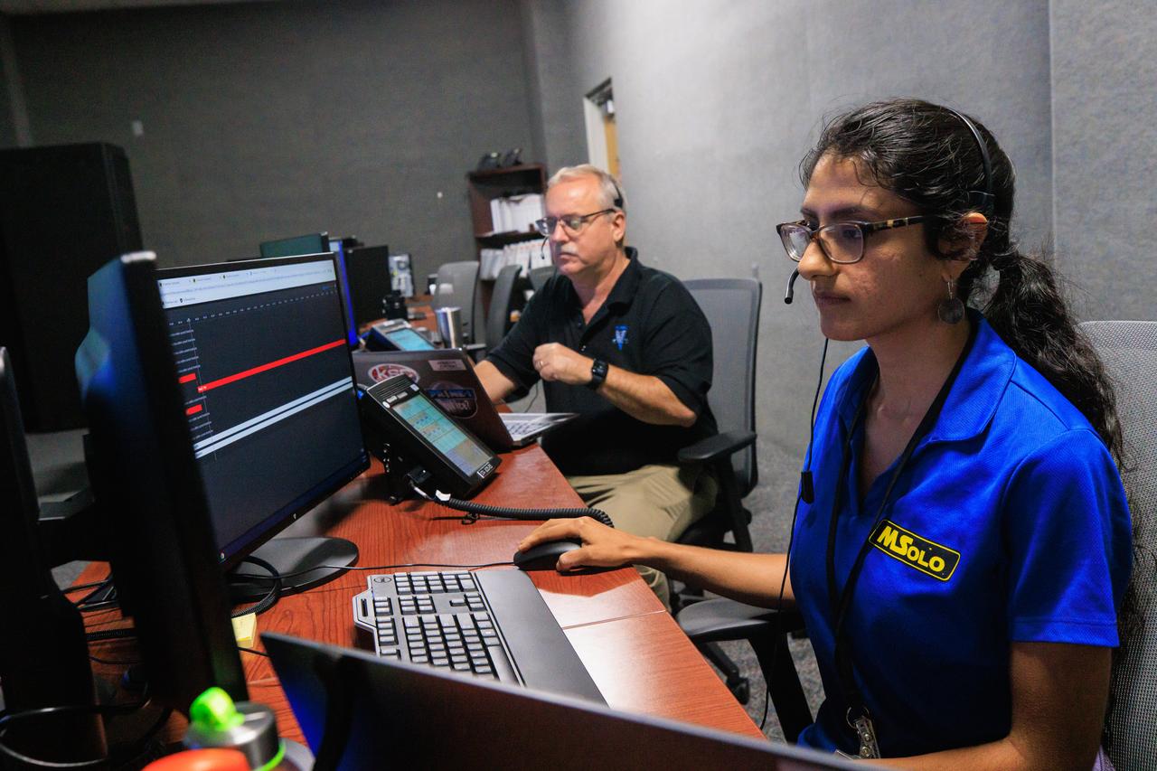 Jim Kania (left), Mass Spectrometer Observing Lunar Operations (MSOLO) software engineering lead, and Pri Johnson, MSOLO systems engineer, participate in simulation training at NASA’s Kennedy Space Center in Florida on May 25, 2023, in preparation for the agency’s Volatile Investigating Polar Exploration Rover (VIPER) mission. The purpose of the training was to get the integrated VIPER team – a mix of engineers from Kennedy and NASA’s Ames Research Center in California – accustomed to operating together during phases of the mission where the rover will be driving. MSOLO is a modified commercial off-the-shelf mass spectrometer that will help the agency analyze the chemical makeup of landing sites on the Moon and study water on the lunar surface. MSOLO, as part of VIPER, is scheduled to launch on a SpaceX Falcon Heavy rocket through NASA’s Commercial Lunar Payload Delivery Service (CLPS) initiative in late 2024, landing at the Moon’s South Pole aboard Astrobotic’s Griffin lander. Through Artemis missions, CLPS deliveries will be used to perform science experiments, test technologies, and demonstrate capabilities to help NASA explore the Moon and prepare for human deep space exploration missions.