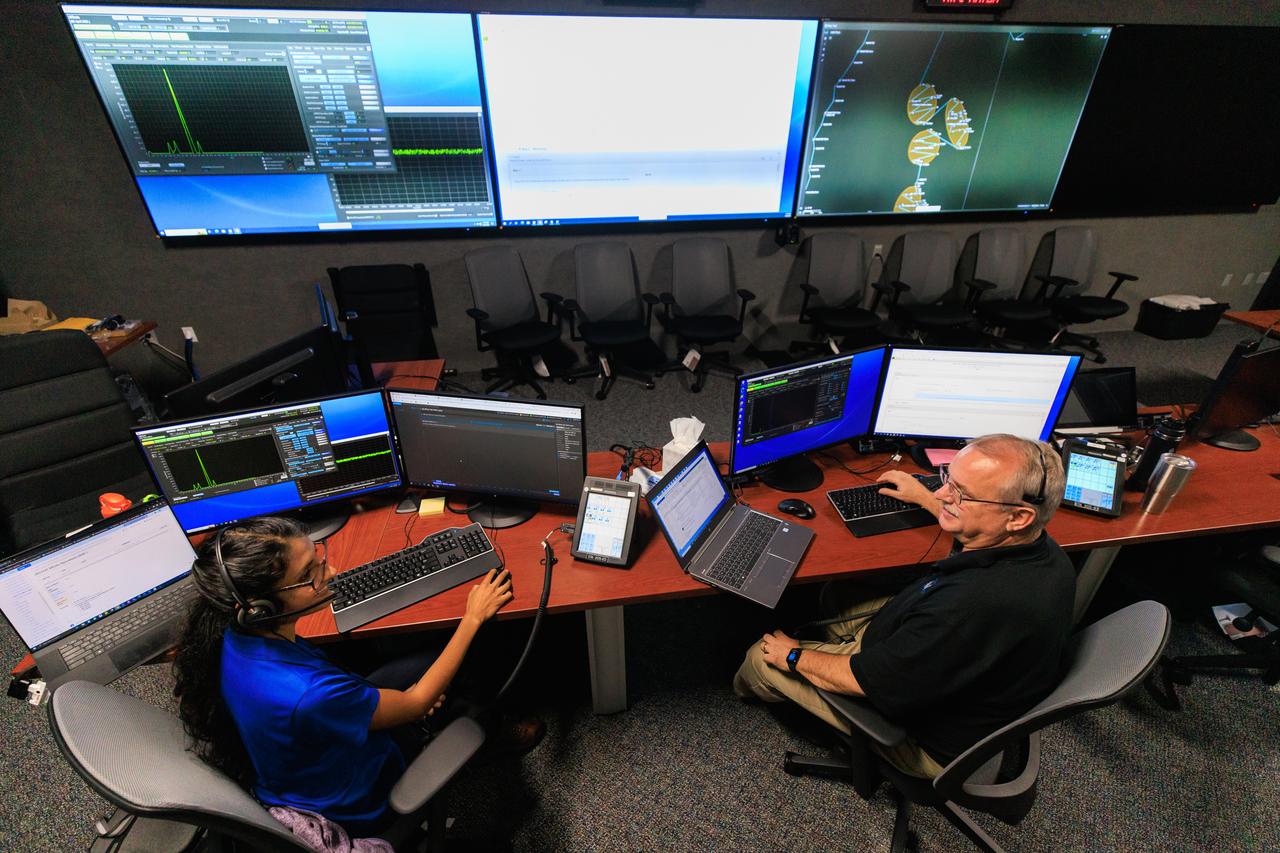 Pri Johnson (left), Mass Spectrometer Observing Lunar Operations (MSOLO) systems engineer, and Jim Kania, MSOLO software engineering lead, participate in simulation training at NASA’s Kennedy Space Center in Florida on May 25, 2023, in preparation for the agency’s Volatile Investigating Polar Exploration Rover (VIPER) mission. The purpose of the training was to get the integrated VIPER team – a mix of engineers from Kennedy and NASA’s Ames Research Center in California – accustomed to operating together during phases of the mission where the rover will be driving. MSOLO is a modified commercial off-the-shelf mass spectrometer that will help the agency analyze the chemical makeup of landing sites on the Moon and study water on the lunar surface. MSOLO, as part of VIPER, is scheduled to launch on a SpaceX Falcon Heavy rocket through NASA’s Commercial Lunar Payload Delivery Service (CLPS) initiative in late 2024, landing at the Moon’s South Pole aboard Astrobotic’s Griffin lander. Through Artemis missions, CLPS deliveries will be used to perform science experiments, test technologies, and demonstrate capabilities to help NASA explore the Moon and prepare for human deep space exploration missions.