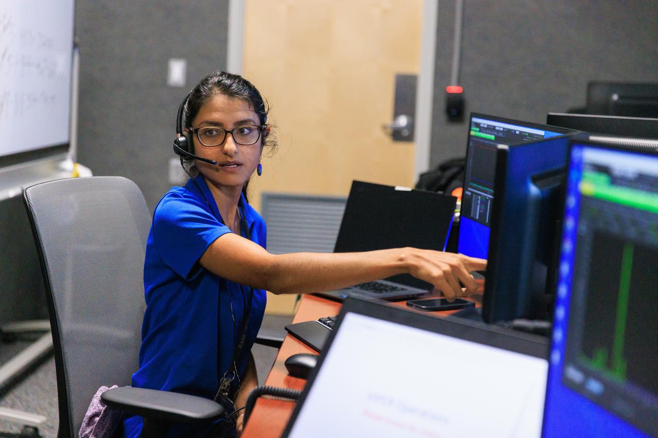 Mass Spectrometer Observing Lunar Operations (MSOLO) Systems Engineer Pri Johnson participates in simulation training at NASA’s Kennedy Space Center in Florida on May 25, 2023, in preparation for the agency’s Volatile Investigating Polar Exploration Rover (VIPER) mission. The purpose of the training was to get the integrated VIPER team – a mix of engineers from Kennedy and NASA’s Ames Research Center in California – accustomed to operating together during phases of the mission where the rover will be driving. MSOLO is a modified commercial off-the-shelf mass spectrometer that will help the agency analyze the chemical makeup of landing sites on the Moon and study water on the lunar surface. MSOLO, as part of VIPER, is scheduled to launch on a SpaceX Falcon Heavy rocket through NASA’s Commercial Lunar Payload Delivery Service (CLPS) initiative in late 2024, landing at the Moon’s South Pole aboard Astrobotic’s Griffin lander. Through Artemis missions, CLPS deliveries will be used to perform science experiments, test technologies, and demonstrate capabilities to help NASA explore the Moon and prepare for human deep space exploration missions.