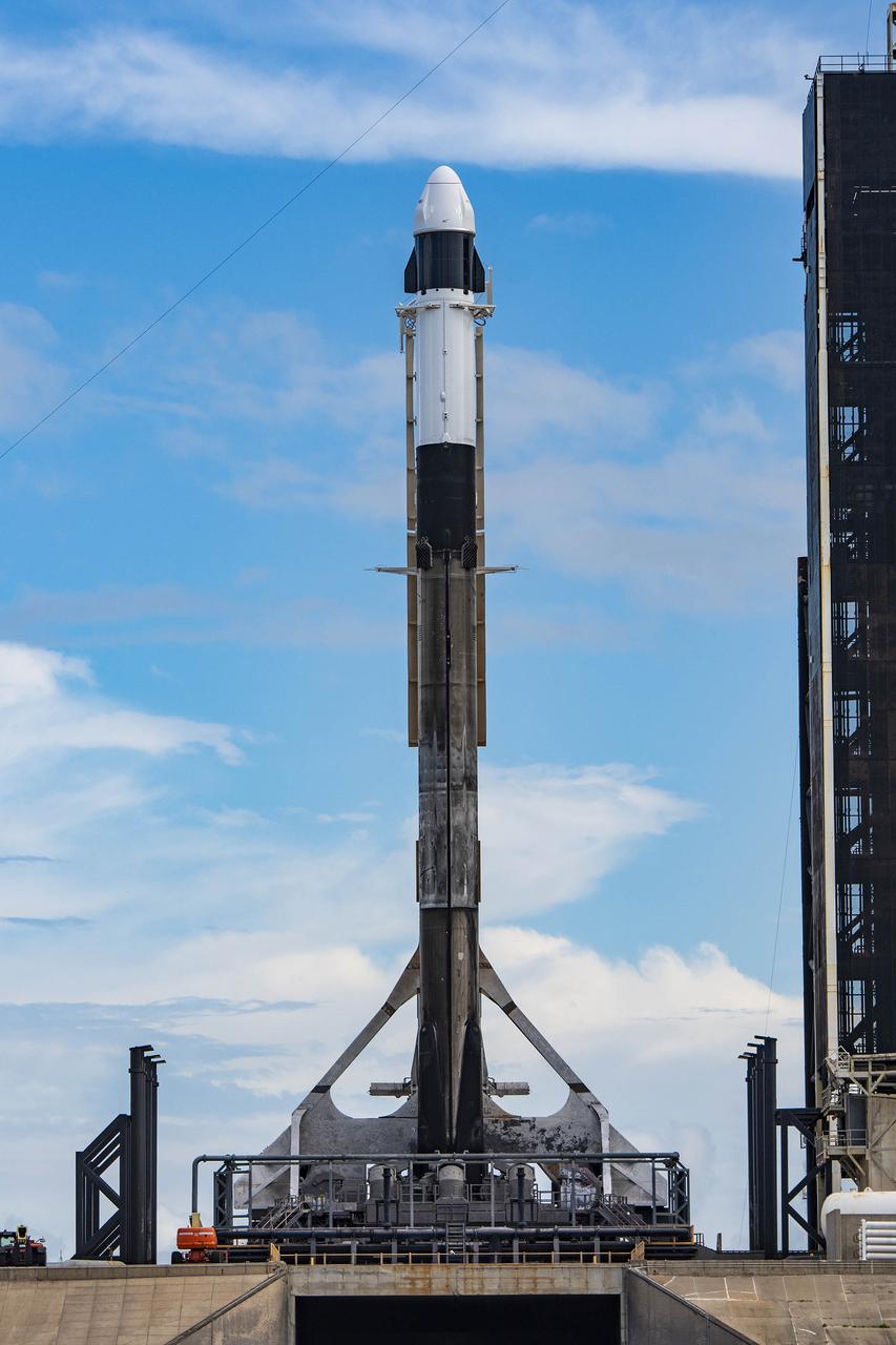 The SpaceX Falcon 9 rocket with the Dragon spacecraft atop is on the pad at Launch Complex 39A at NASA’s Kennedy Space Center in Florida on June 2, 2023. SpaceX is scheduled to launch its 28th commercial resupply services mission to the International Space Station for NASA. Launch is scheduled for June 3 at 12:35 p.m. EDT. Dragon will deliver approximately 7,000 pounds of crew supplies, equipment, and science experiments to the orbiting laboratory. The spacecraft is expected to spend about a month attached to the orbiting outpost before it returns to Earth with research and return cargo, splashing down off the coast of Florida.