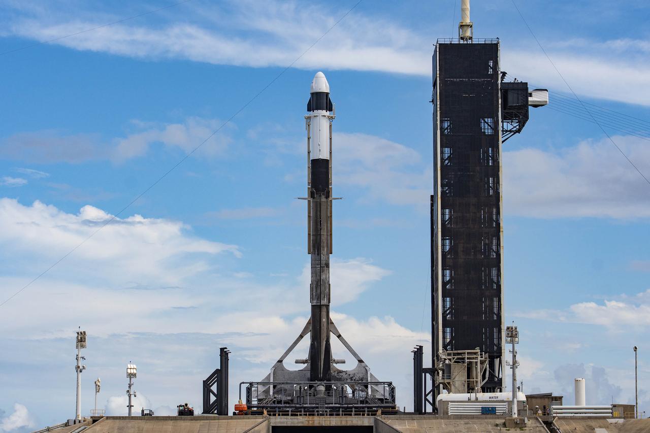 The SpaceX Falcon 9 rocket with the Dragon spacecraft atop is on the pad at Launch Complex 39A at NASA’s Kennedy Space Center in Florida on June 2, 2023. SpaceX is scheduled to launch its 28th commercial resupply services mission to the International Space Station for NASA. Launch is scheduled for June 3 at 12:35 p.m. EDT. Dragon will deliver approximately 7,000 pounds of crew supplies, equipment, and science experiments to the orbiting laboratory. The spacecraft is expected to spend about a month attached to the orbiting outpost before it returns to Earth with research and return cargo, splashing down off the coast of Florida.