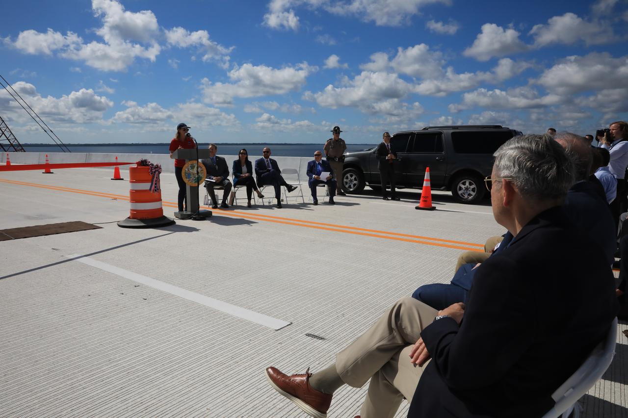 NASA Kennedy Space Center Director Janet Petro speaks during the grand opening ceremony for the upgraded eastbound span of the Indian River Bridge near Kennedy Space Center on June 9, 2023. The new high-rise bridge serves as the primary entrance and exit to the space center for employees and visitors. The bridge spans the Indian River Lagoon and connects Kennedy and the Cape Canaveral Space Force Station to the mainland via State Road 405/NASA Causeway in Titusville. This first section of the bridge replaces the two-lane drawbridge which was built in the mid-1960s to support the Apollo program. 