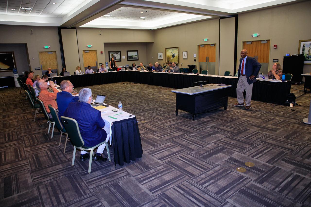 Kelvin Manning, deputy director of NASA’s Kennedy Space Center, addresses attendees at the Spaceport Industry Summit on June 14, 2023, at the Florida spaceport. The National Spaceport Interagency Working Group was visiting Kennedy and other spaceports in the United Stations to collect feedback on a draft national spaceport strategy. 