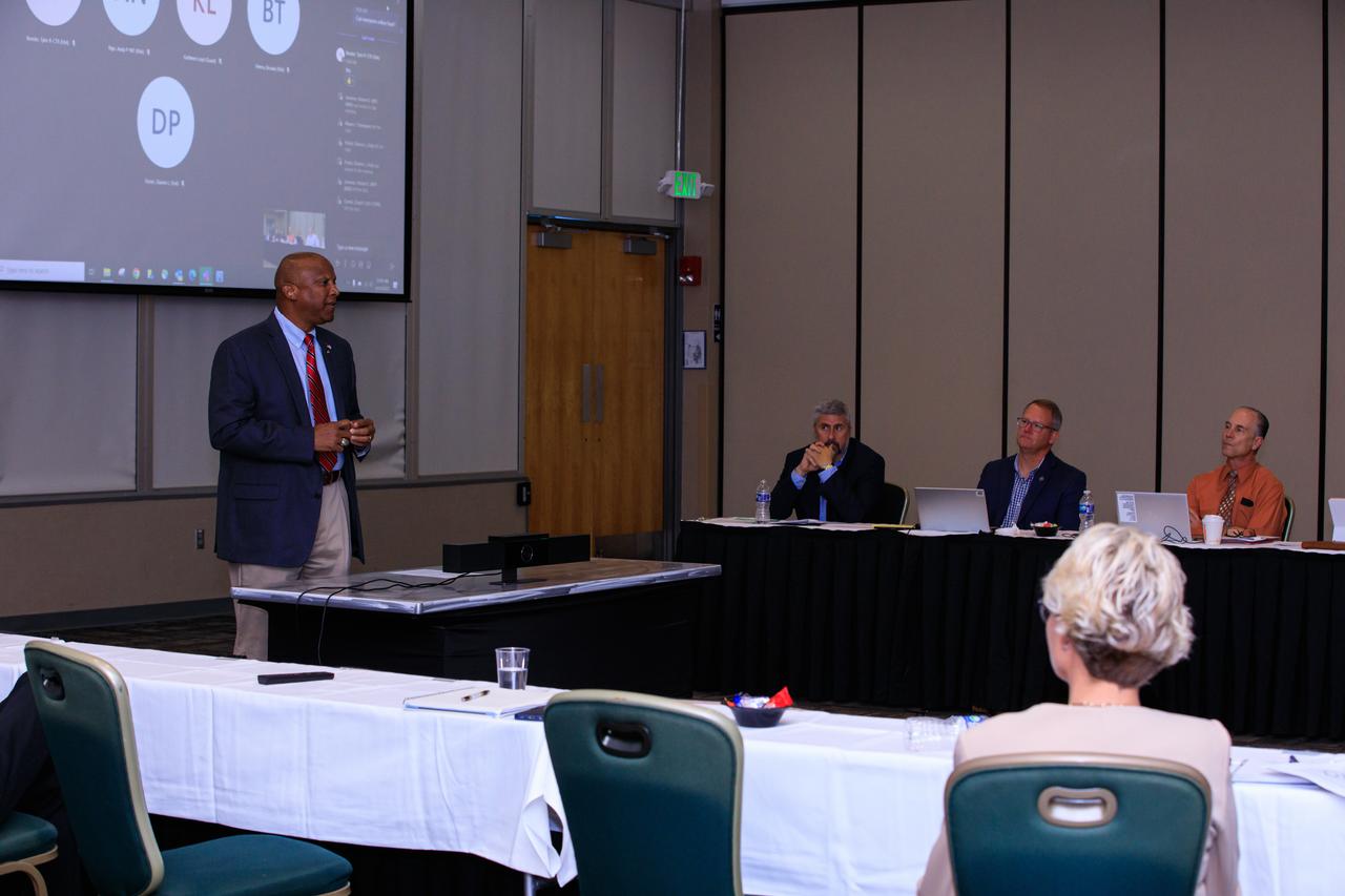 Kelvin Manning, deputy director of NASA’s Kennedy Space Center, addresses attendees at the Spaceport Industry Summit on June 14, 2023, at the Florida spaceport. The National Spaceport Interagency Working Group was visiting Kennedy and other spaceports in the United Stations to collect feedback on a draft national spaceport strategy. 
