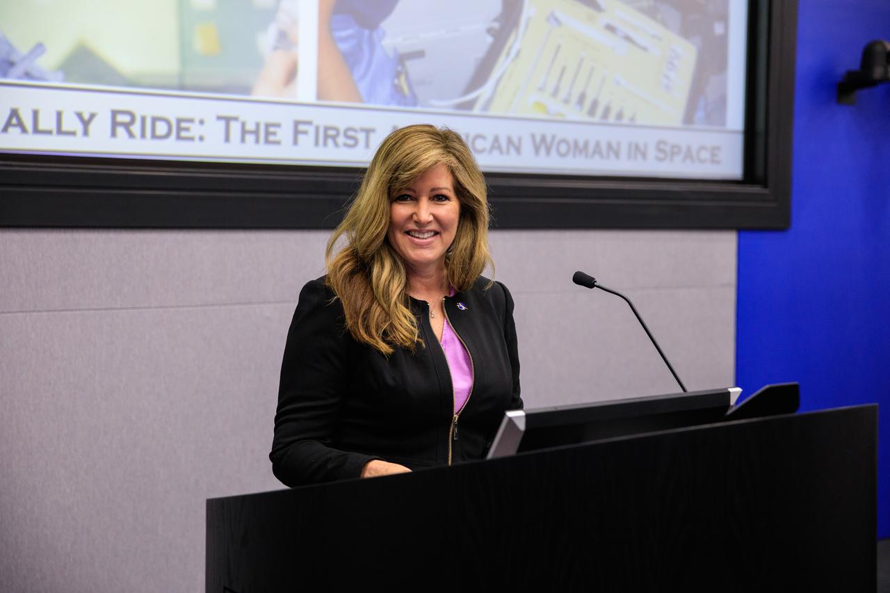 Jennifer Kunz, associate director, technical, at NASA’s Kennedy Space Center, addresses the audience at “The Legacy of Sally Ride: The First American Woman in Space” event at the Florida spaceport on June 15, 2023. Forty years ago, Ride made her trailblazing flight into space. A hero to millions, Ride was a steadfast advocate for inclusion in STEM (science, technology, engineering, mathematics) – especially for girls and young women – until her death in 2012 from pancreatic cancer.