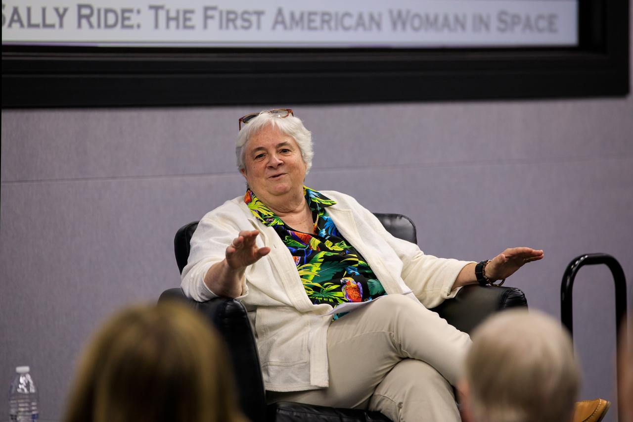 Bear Ride, the sister of pioneering astronaut Sally Ride, speaks during “The Legacy of Sally Ride: The First American Woman in Space” event at Kennedy Space Center in Florida on June 15, 2023. Forty years ago, Ride made her trailblazing flight into space. A hero to millions, Ride was a steadfast advocate for inclusion in STEM (science, technology, engineering, mathematics) – especially for girls and young women – until her death in 2012 from pancreatic cancer.