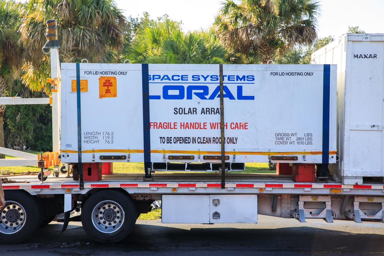 Twin solar arrays for NASA’s Psyche spacecraft arrive by flatbed truck at the Astrotech Space Operations Facility near the agency’s Kennedy Space Center in Florida on July 15, 2023. The solar arrays were shipped from Maxar Technologies, in San Jose, in California. They are part of the solar electric propulsion system, provided by Maxar, that will power the spacecraft on its journey to explore a metal-rich asteroid. Psyche will launch atop a SpaceX Falcon Heavy rocket from Launch Complex 39A at Kennedy. Launch is targeted for Oct. 5, 2023. Riding with Psyche is a pioneering technology demonstration, NASA’s Deep Space Optical Communications (DSOC) experiment.