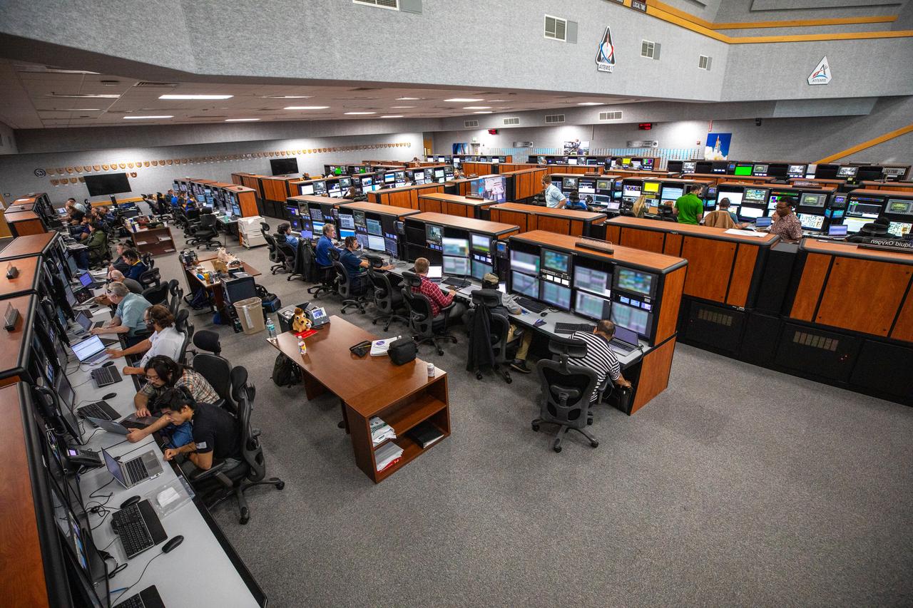 A team of NASA and Jacobs engineers are on console for the first Artemis II launch simulation inside Firing Room at the Launch Control Center at NASA’s Kennedy Space Center in Florida on July 20, 2023. The team is rehearsing the steps to launch NASA’s Space Launch System and Orion spacecraft for the Artemis II crewed mission. Artemis II will be the first mission with astronauts under Artemis that will test and check out all of Orion’s systems needed for future crewed missions.