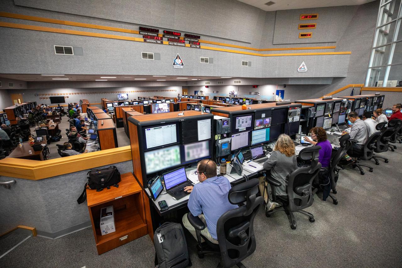 A team of NASA and Jacobs engineers are on console for the first Artemis II launch simulation inside Firing Room at the Launch Control Center at NASA’s Kennedy Space Center in Florida on July 20, 2023. The team is rehearsing the steps to launch NASA’s Space Launch System and Orion spacecraft for the Artemis II crewed mission. Artemis II will be the first mission with astronauts under Artemis that will test and check out all of Orion’s systems needed for future crewed missions.