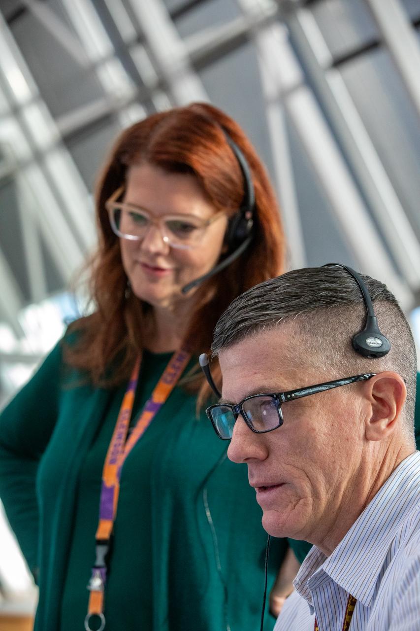 Charlie Blackwell-Thompson, at left, NASA Artemis launch director; and Jeremy Graeber, assistant Artemis launch director, monitor the first launch simulation for the Artemis II mission inside Firing Room at the Launch Control Center at NASA’s Kennedy Space Center in Florida on July 20, 2023. A team of engineers with Exploration Ground Systems and Jacobs, are rehearsing the steps to launch NASA’s Space Launch System and Orion spacecraft for the Artemis II crewed mission. Artemis II will be the first mission with astronauts under Artemis that will test and check out all of Orion’s systems needed for future crewed missions.