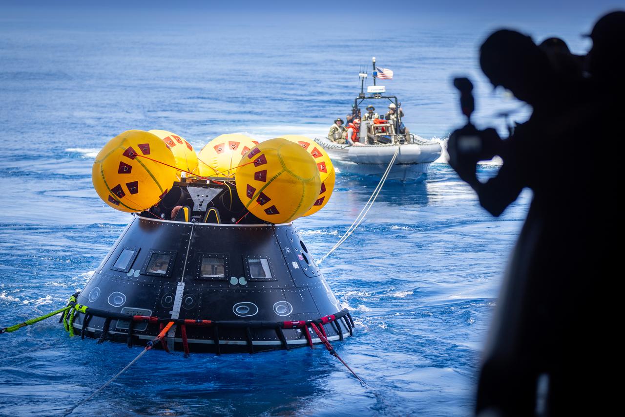 The Crew Module Test Article (CMTA) is seen in the waters of the Pacific Ocean during NASA’s Underway Recovery Test 10 (URT-10). The CMTA is a full-scale mockup of the Orion spacecraft and is used by NASA and its Department of Defense partners to practice recovery procedures for crewed Artemis missions. URT-10 is the first test specifically in support of the Artemis II mission and allowed the team to practice what it will be like to recover astronauts and get them back to the recovery ship safely. 