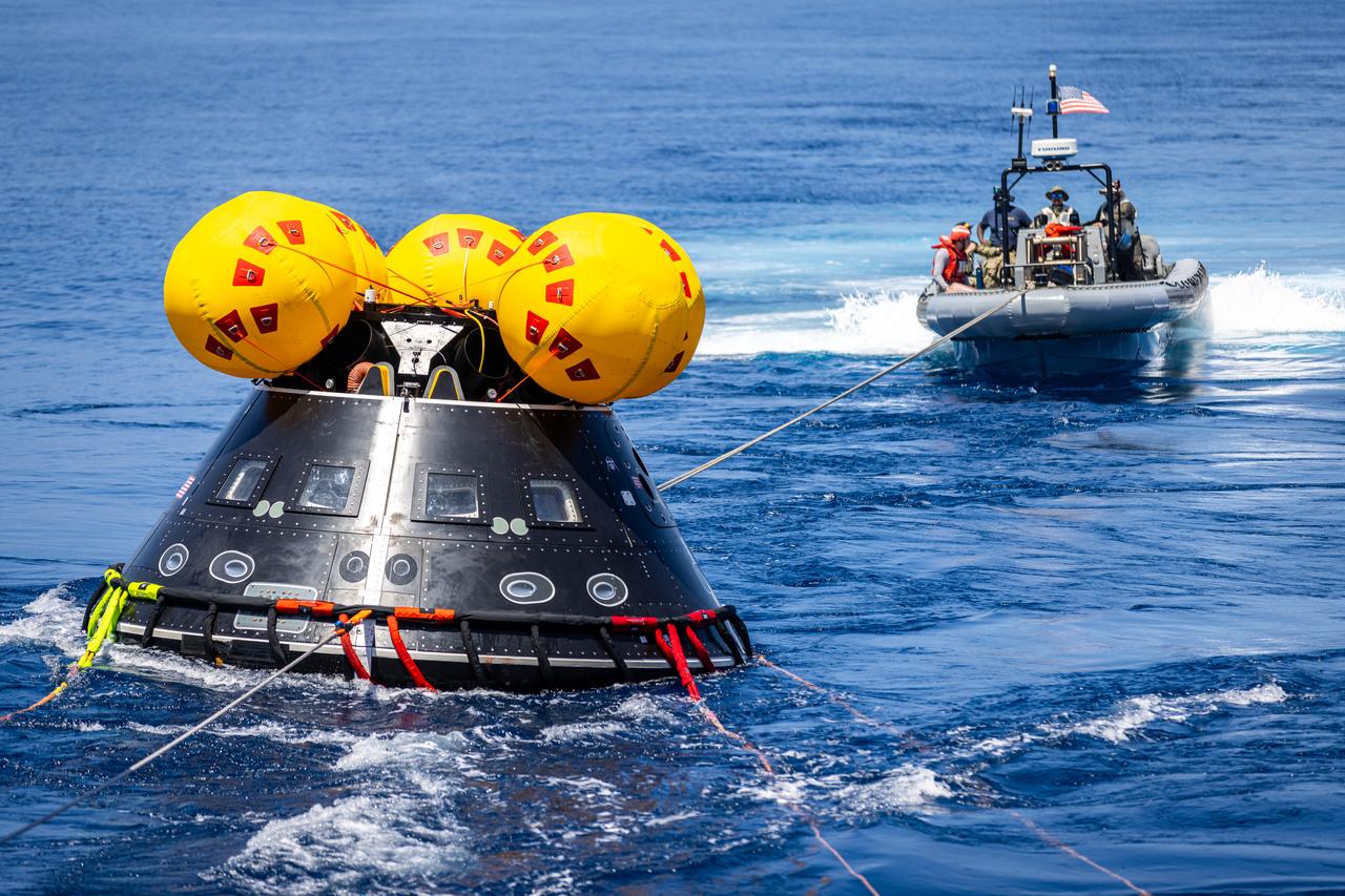 The Crew Module Test Article (CMTA) is seen in the waters of the Pacific Ocean during NASA’s Underway Recovery Test 10 (URT-10). The CMTA is a full-scale mockup of the Orion spacecraft and is used by NASA and its Department of Defense partners to practice recovery procedures for crewed Artemis missions. URT-10 is the first test specifically in support of the Artemis II mission and allowed the team to practice what it will be like to recover astronauts and get them back to the recovery ship safely. 
