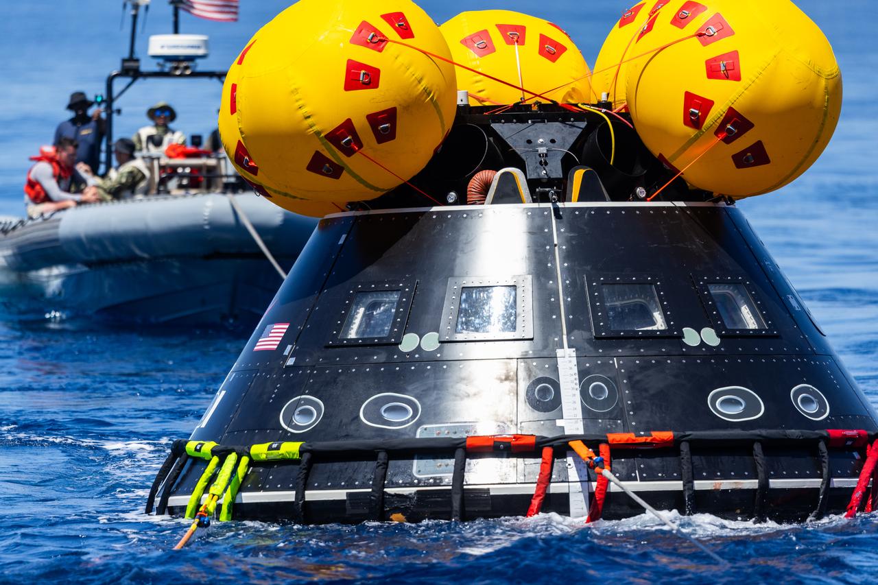 The Crew Module Test Article (CMTA) is seen in the waters of the Pacific Ocean during NASA’s Underway Recovery Test 10 (URT-10). The CMTA is a full-scale mockup of the Orion spacecraft and is used by NASA and its Department of Defense partners to practice recovery procedures for crewed Artemis missions. URT-10 is the first test specifically in support of the Artemis II mission and allowed the team to practice what it will be like to recover astronauts and get them back to the recovery ship safely. 