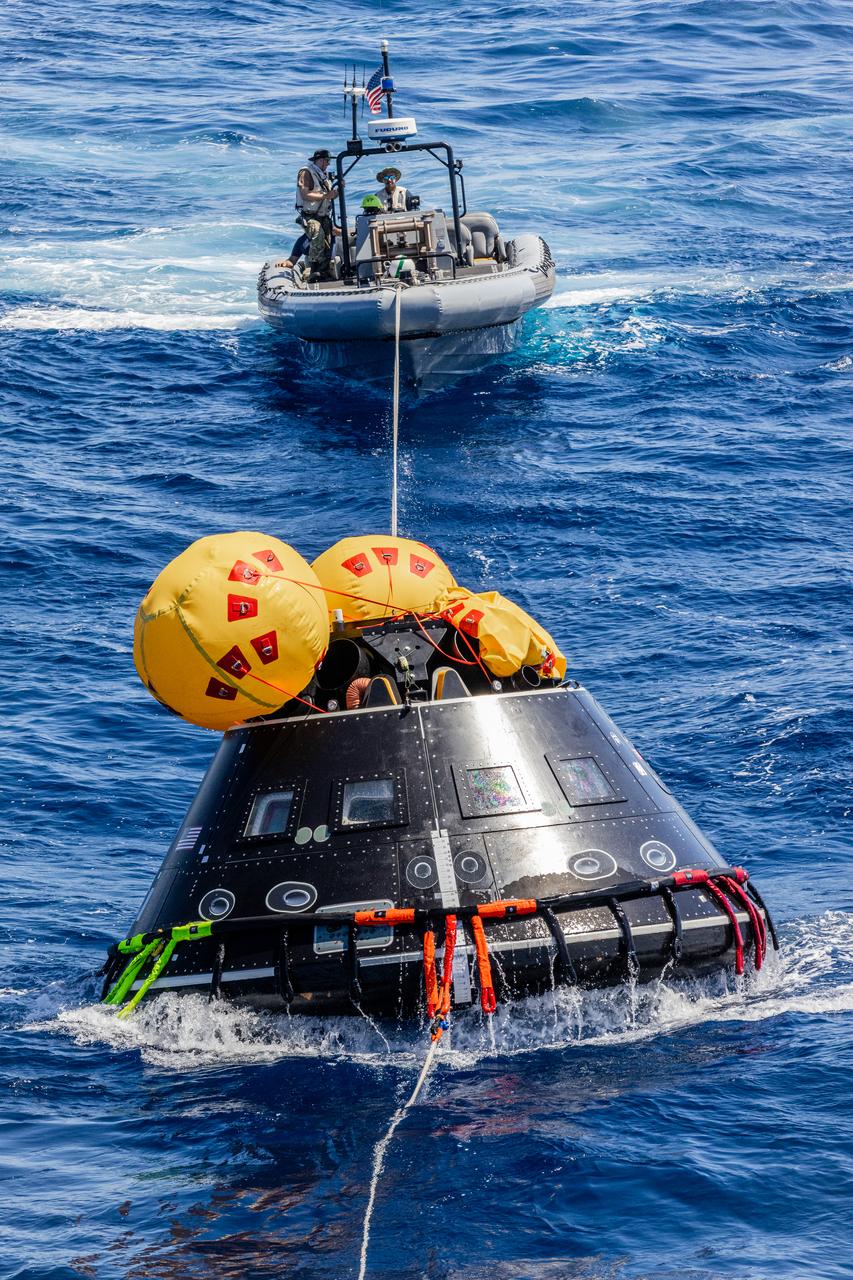 The Crew Module Test Article (CMTA) is seen in the waters of the Pacific Ocean during NASA’s Underway Recovery Test 10 (URT-10). The CMTA is a full-scale mockup of the Orion spacecraft and is used by NASA and its Department of Defense partners to practice recovery procedures for crewed Artemis missions. URT-10 is the first test specifically in support of the Artemis II mission and allowed the team to practice what it will be like to recover astronauts and get them back to the recovery ship safely. 