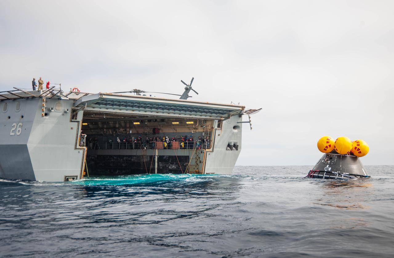The Crew Module Test Article (CMTA) is seen in the waters of the Pacific Ocean during NASA’s Underway Recovery Test 10 (URT-10). The CMTA is a full-scale mockup of the Orion spacecraft and is used by NASA and its Department of Defense partners to practice recovery procedures for crewed Artemis missions. URT-10 is the first test specifically in support of the Artemis II mission and allowed the team to practice what it will be like to recover astronauts and get them back to the recovery ship safely. 