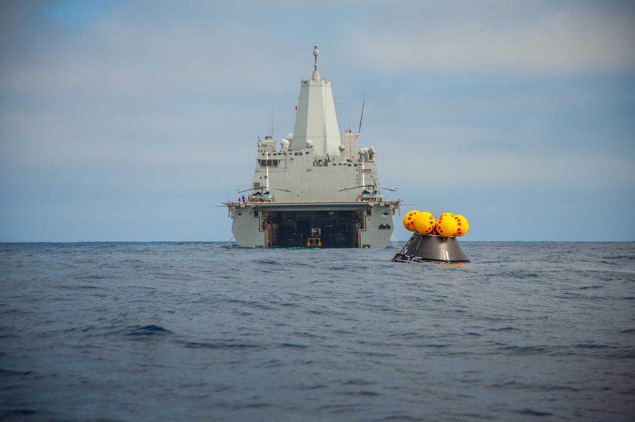 The Crew Module Test Article (CMTA) is seen in the waters of the Pacific Ocean during NASA’s Underway Recovery Test 10 (URT-10). The CMTA is a full-scale mockup of the Orion spacecraft and is used by NASA and its Department of Defense partners to practice recovery procedures for crewed Artemis missions. URT-10 is the first test specifically in support of the Artemis II mission and allowed the team to practice what it will be like to recover astronauts and get them back to the recovery ship safely. 