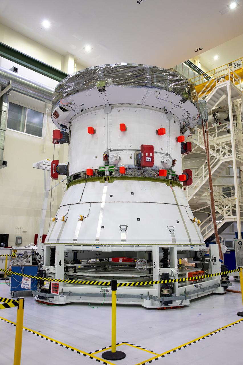 The European Service Module for NASA’s Artemis II mission is shown inside Kennedy Space Center’s Neil Armstrong Operations and Checkout Building on Aug. 8, 2023. Artemis II is the first crewed mission on NASA’s path to establishing a long-term lunar presence for science and exploration under Artemis. Crew members are: Reid Wiseman, commander; Victor Glover, pilot; Christina Hammock Koch, mission specialist; and Jeremy Hansen, mission specialist.
