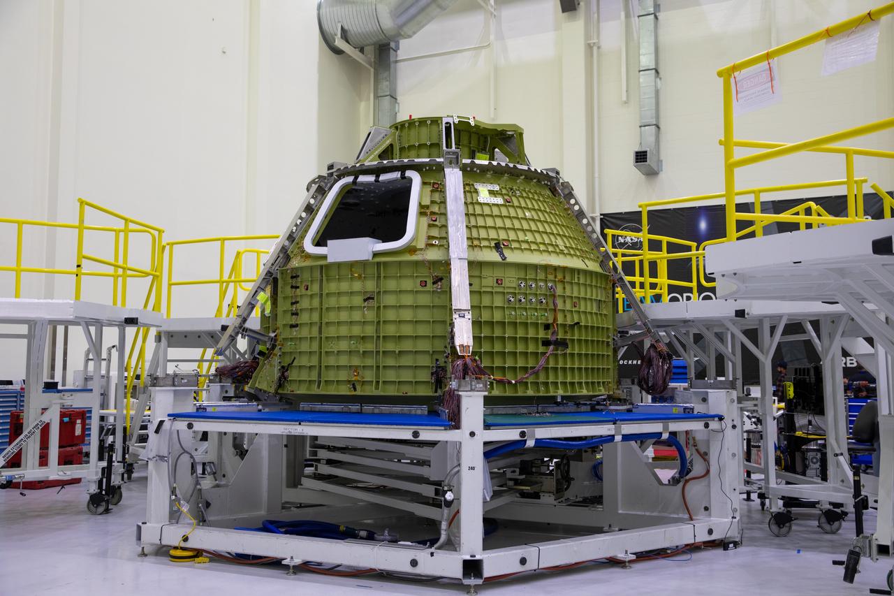 Shown inside the Neil Armstrong Operations and Checkout Building at NASA’s Kennedy Space Center in Florida on Aug. 8, 2023, is the Orion crew module for NASA’s Artemis IV mission.