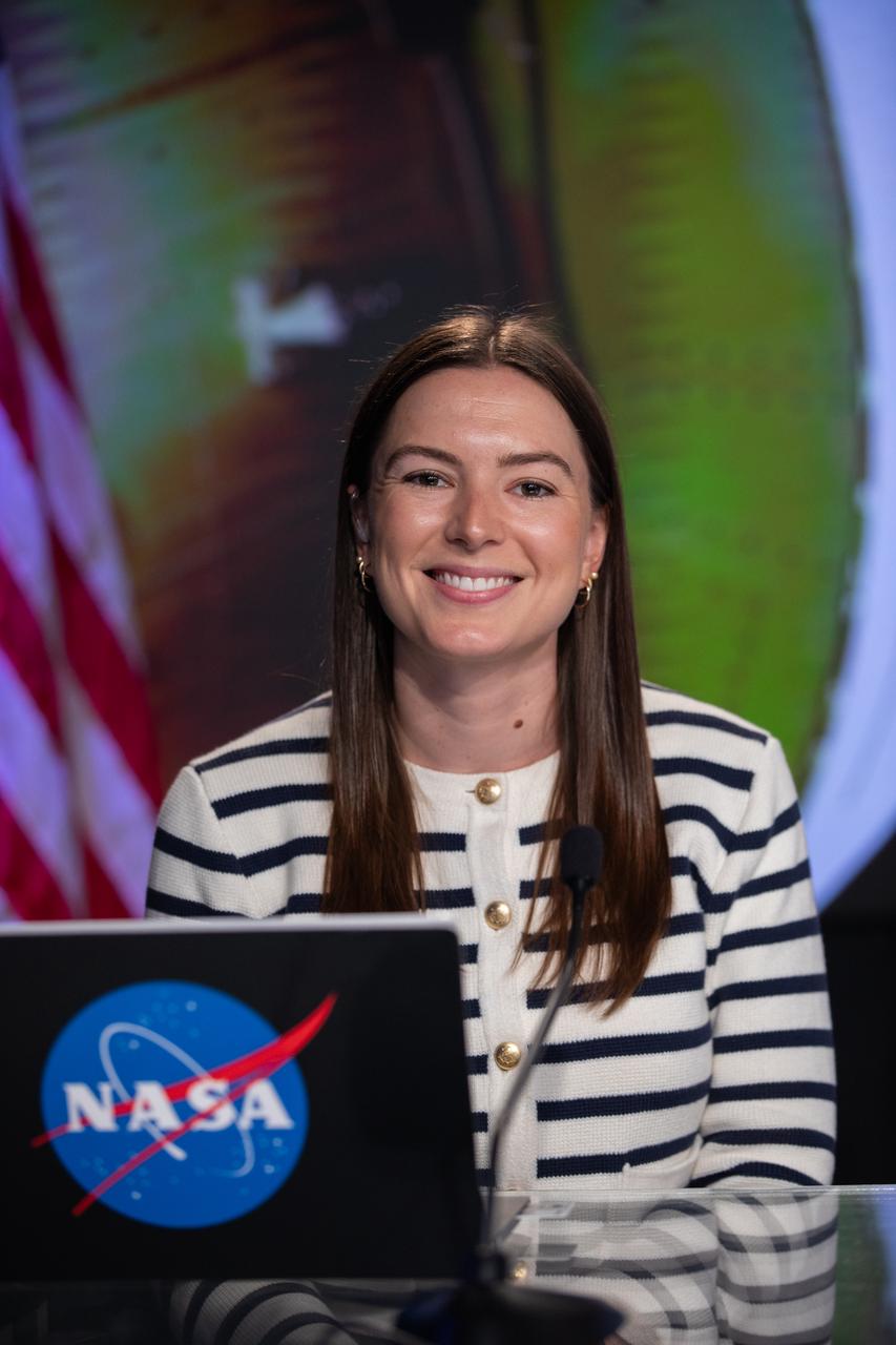 NASA Press Secretary Jackie McGuinness participates in a news conference on Aug. 8, 2023, at the agency’s Kennedy Space Center in Florida. NASA senior leadership and the Artemis II crew discussed the mission – the first with astronauts under Artemis, which will send NASA astronauts Reid Wiseman, Victor Glover, and Christina Koch, as well as Canadian Space Agency astronaut Jeremy Hansen around the Moon and back. Artemis II is the first crewed mission on NASA’s path to establishing a long-term lunar presence for science and exploration under Artemis and is the first mission with astronauts to the Moon.