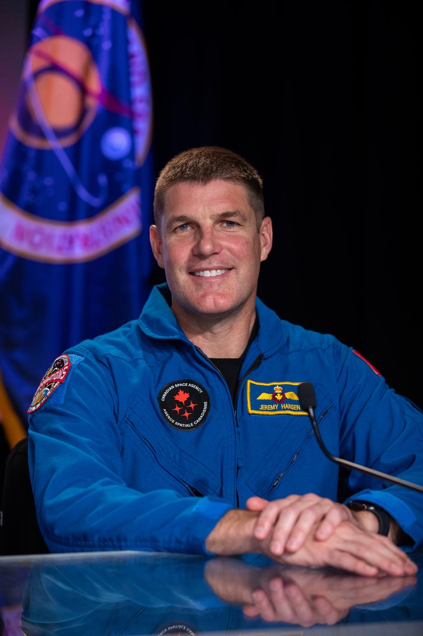 CSA (Canadian Space Agency) astronaut Jeremy Hansen, Artemis II mission specialist, participates in a NASA news conference on Aug. 8, 2023, at the agency’s Kennedy Space Center in Florida. NASA senior leadership and the Artemis II crew discussed the mission – the first with astronauts under Artemis, which will send NASA astronauts Reid Wiseman, Victor Glover, and Christina Koch, as well as Hansen around the Moon and back. Artemis II is the first crewed mission on NASA’s path to establishing a long-term lunar presence for science and exploration under Artemis and is the first mission with astronauts to the Moon.