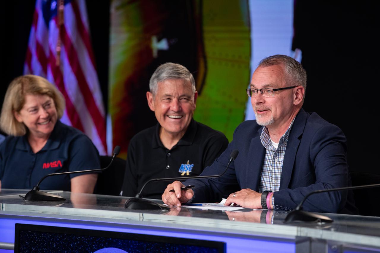 NASA senior leadership and the Artemis II crew participate in a news conference on Aug. 8, 2023, at the agency’s Kennedy Space Center in Florida. Participants include, from left, Pam Melroy, NASA deputy administrator; Bob Cabana, NASA associate administrator; and Jim Free, associate administrator for Exploration Systems Development Mission Directorate, NASA Headquarters. Artemis II is the first mission with astronauts under Artemis, sending NASA astronauts Reid Wiseman, Victor Glover, and Christina Koch, as well as Canadian Space Agency astronaut Jeremy Hansen on a journey around the Moon and back, paving the way for future long-term human exploration missions to the lunar surface and eventually Mars.
