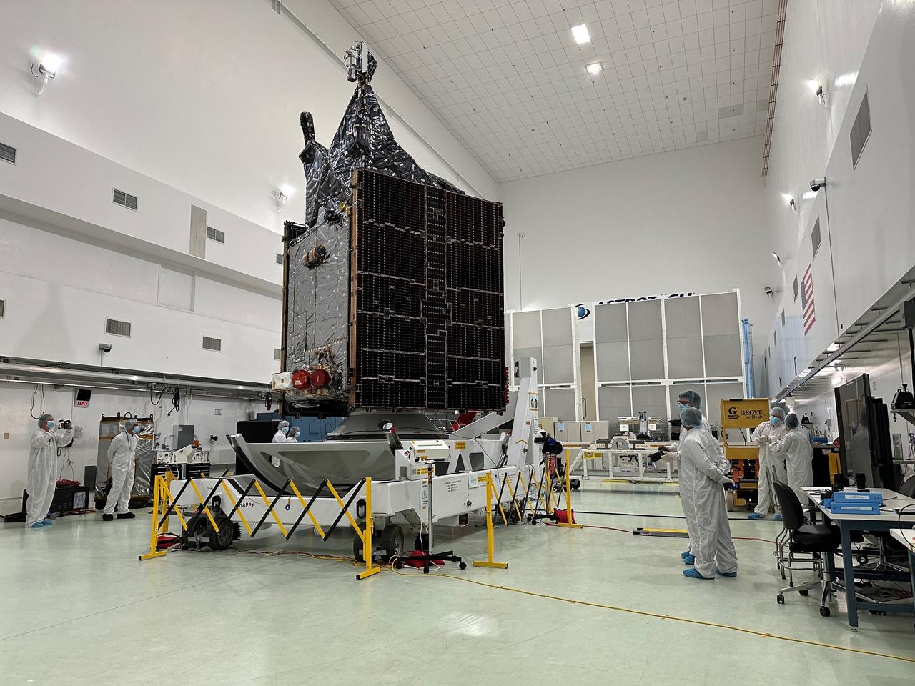 NASA’s Psyche spacecraft is made available to media for viewing inside a cleanroom at the Astrotech Space Operations Facility near Kennedy Space Center in Florida on Aug. 11, 2023. Psyche will launch atop a SpaceX Falcon Heavy rocket from Launch Complex 39A at Kennedy to explore a metal-rich asteroid. Launch is targeted for Oct. 5, 2023. Riding with Psyche is a pioneering technology demonstration, NASA’s Deep Space Optical Communications (DSOC) experiment.