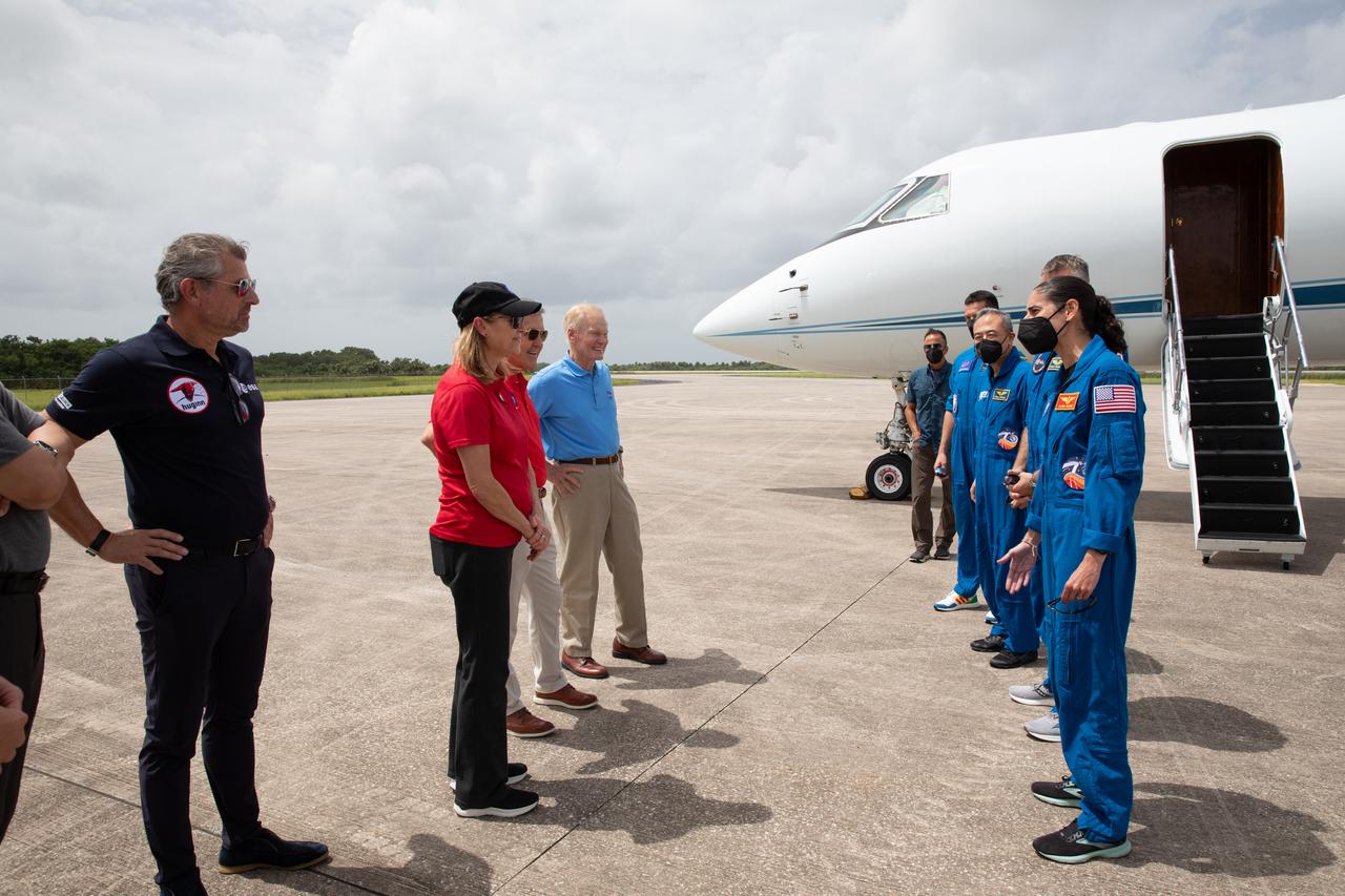 Leaders from NASA, ESA (European Space Agency), and JAXA (Japanese Aerospace Exploration Agency) greet the crew members of NASA’s SpaceX Crew-7 mission after their arrival to the Florida spaceport on Sunday, Aug. 20, 2023. Crew-7 will launch aboard SpaceX’s Dragon spacecraft on the company’s Falcon 9 rocket. Liftoff is targeted for 3:49 a.m. EDT Friday, Aug. 25, 2023, from Kennedy’s Launch Complex 39A.