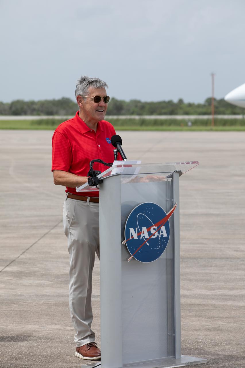 NASA Associate Administrator Bob Cabana speaks to members of the news media during crew arrival for NASA’s SpaceX Crew-7 mission at the Launch and Landing Facility at Kennedy Space Center in Florida on Sunday, Aug. 20, 2023. The crew will launch to the International Space Station aboard SpaceX’s Dragon spacecraft on the company’s Falcon 9 rocket. Liftoff is targeted for 3:49 a.m. EDT Friday, Aug. 25, 2023, from Kennedy’s Launch Complex 39A. Crew-7 is the seventh crew rotation mission with SpaceX to the station, and the eighth flight of Dragon with people as part of the agency’s Commercial Crew Program.
