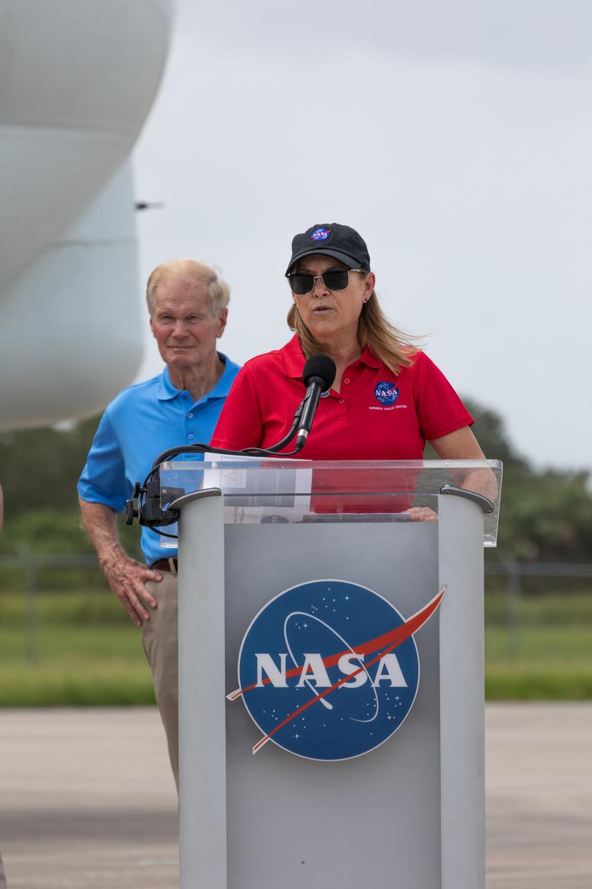 Kennedy Space Center Director Janet Petro speaks to members of the news media during crew arrival for NASA’s SpaceX Crew-7 mission at the Launch and Landing Facility at Kennedy Space Center in Florida on Sunday, Aug. 20, 2023. The crew will launch to the International Space Station aboard SpaceX’s Dragon spacecraft on the company’s Falcon 9 rocket. Liftoff is targeted for 3:49 a.m. EDT Friday, Aug. 25, 2023, from Kennedy’s Launch Complex 39A. Crew-7 is the seventh crew rotation mission with SpaceX to the station, and the eighth flight of Dragon with people as part of the agency’s Commercial Crew Program.