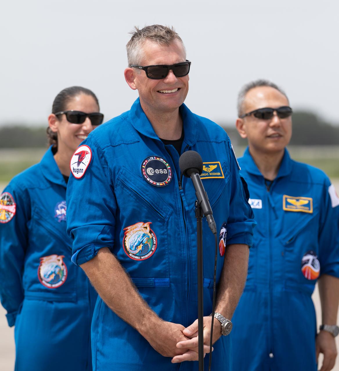 ESA (European Space Agency) astronaut Andreas Mogensen addresses members of the news media during NASA’s SpaceX Crew-7 crew arrival event at the Launch and Landing Facility at Kennedy Space Center in Florida on Sunday, Aug. 20, 2023. In the background, from left, is NASA astronaut Jasmin Moghbeli and JAXA (Japan Aerospace Exploration Agency) astronaut Satoshi Furukawa. Liftoff for the Crew-7 mission is targeted for 3:49 a.m. EDT Friday, Aug. 25, 2023, from Kennedy’s Launch Complex 39A.