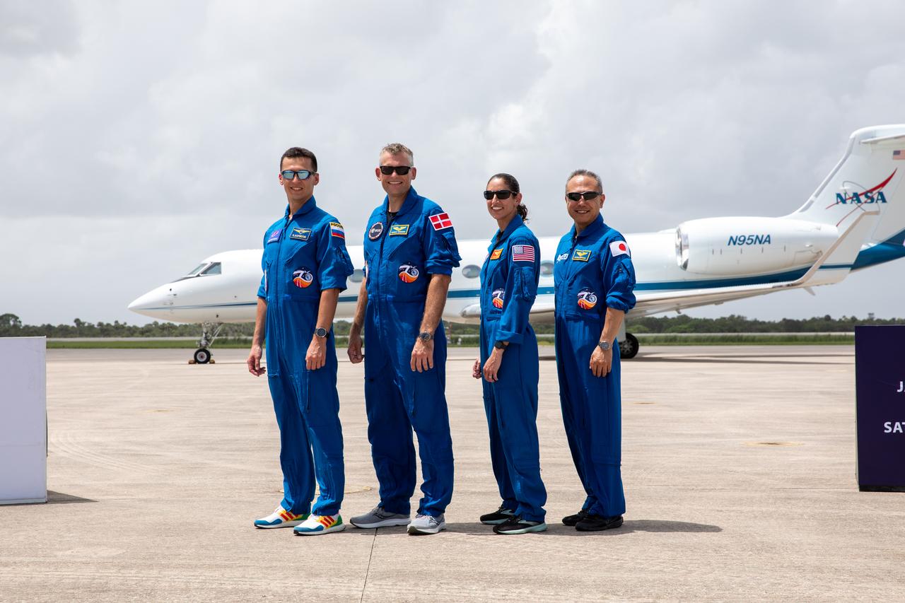 Crew members for NASA’s SpaceX Crew-7 mission to the International Space Station stand before members of the news media at the Launch and Landing Facility at Kennedy Space Center in Florida on Sunday, Aug. 20, 2023. From left, Roscosmos cosmonaut Konstantin Borisov, ESA (European Space Agency) astronaut Andreas Mogensen, NASA astronaut Jasmin Moghbeli, and JAXA (Japan Aerospace Exploration Agency) astronaut Satoshi Furukawa will launch aboard a SpaceX Dragon spacecraft and Falcon 9 rocket at 3:49 a.m. EDT Friday, Aug. 25, 2023, from Kennedy’s Launch Complex 39A.
