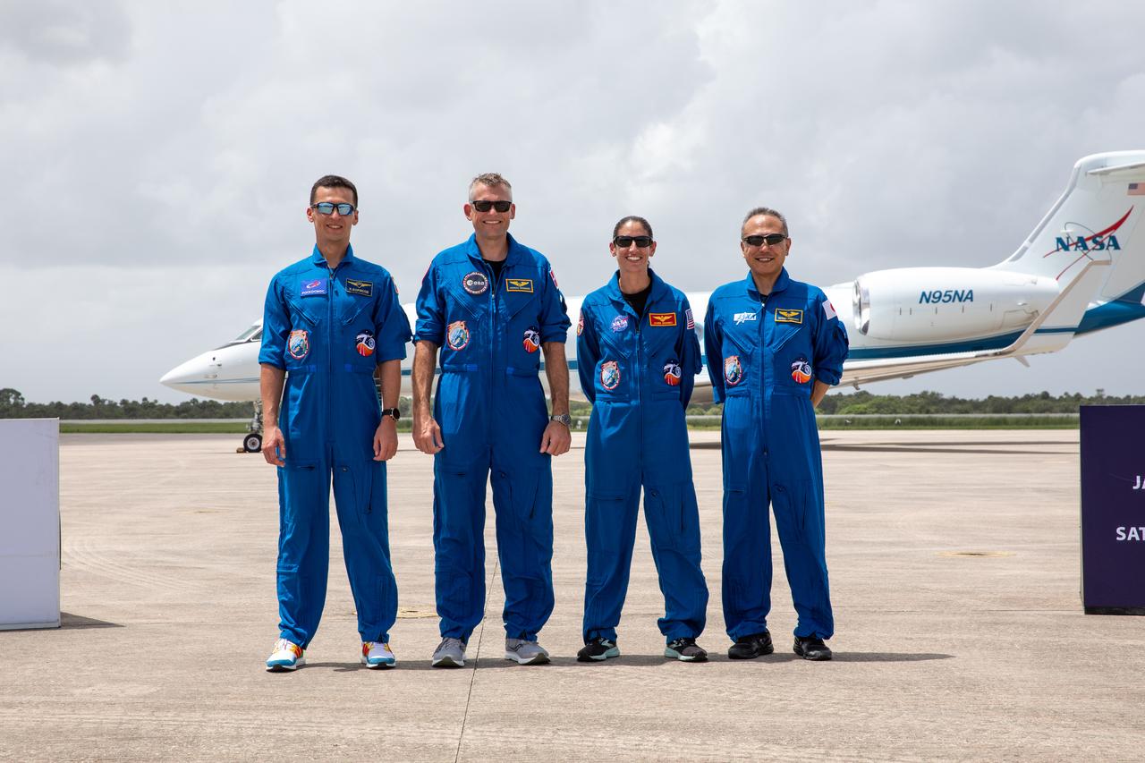Crewmates for NASA’s SpaceX Crew-7 mission to the International Space Station stand before members of the news media at the Launch and Landing Facility at Kennedy Space Center in Florida on Sunday, Aug. 20, 2023. From left, Roscosmos cosmonaut Konstantin Borisov, ESA (European Space Agency) astronaut Andreas Mogensen, NASA astronaut Jasmin Moghbeli, and JAXA (Japan Aerospace Exploration Agency) astronaut Satoshi Furukawa will launch aboard a SpaceX Dragon spacecraft and Falcon 9 rocket at 3:49 a.m. EDT Friday, Aug. 25, 2023, from Kennedy’s Launch Complex 39A.