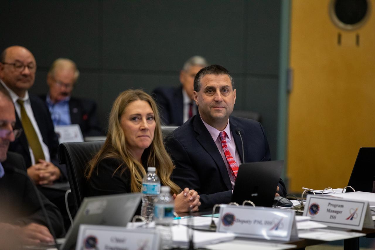 From left, Dana Weigel, International Space Station deputy program manager, and Joel Montalbano, manager, International Space Station Program, Johnson Space Center, participate in NASA’s SpaceX Crew-7 Flight Readiness Review at the Florida spaceport on Monday, Aug. 21, 2023. The mission is targeted to lift off from Kennedy’s Launch Complex 39A at 3:49 a.m. EDT Friday, Aug. 25, 2023. NASA astronaut Jasmin Moghbeli, ESA (European Space Agency) astronaut Andreas Mogensen, JAXA (Japan Aerospace Exploration Agency) astronaut Satoshi Furukawa, and Roscosmos cosmonaut Konstantin Borisov will fly to the International Space Station aboard SpaceX’s Dragon spacecraft, powered by the company’s Falcon 9 rocket.