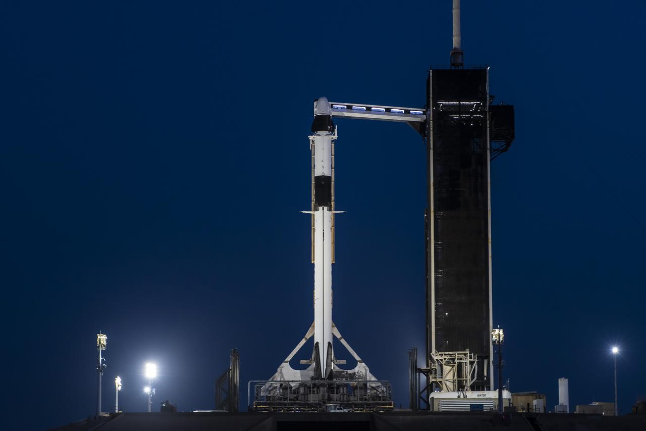 SpaceX’s Dragon spacecraft, named Endurance, atop the company’s Falcon 9 rocket, stands tall at the pad at Launch Complex 39A at NASA’s Kennedy Space Center in Florida on Monday, Aug. 21, 2023. NASA astronaut Jasmin Moghbeli, ESA (European Space Agency) astronaut Andreas Mogensen, JAXA (Japan Aerospace Exploration Agency) astronaut Satoshi Furukawa, and Roscosmos cosmonaut Konstantin Borisov, who arrived at Kennedy on Sunday, Aug. 20, 2023, will fly to the International Space Station on NASA’s SpaceX Crew-7 mission. Liftoff is targeted for 3:50 a.m. EDT Friday, Aug. 25, 2023.