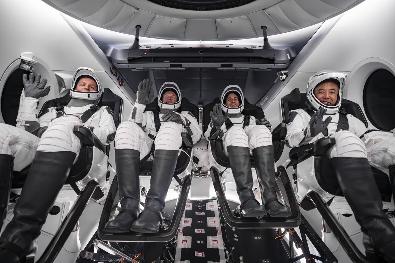 From left, Roscosmos cosmonaut Konstantin Borisov, ESA (European Space Agency) astronaut Andreas Mogensen, NASA astronaut Jasmin Moghbeli, and JAXA (Japan Aerospace Exploration Agency) astronaut Satoshi Furukawa sit inside SpaceX’s Dragon spacecraft, named Endurance, as part of a countdown dress rehearsal for NASA’s SpaceX Crew-7 mission at the agency’s Kennedy Space Center in Florida on Tuesday, Aug. 22, 2023. The four crewmates will fly to the International Space Station for a six-month rotation, conducting research and science experiments. Liftoff is targeted for 3:50 a.m. EDT Friday, Aug. 25, 2023.