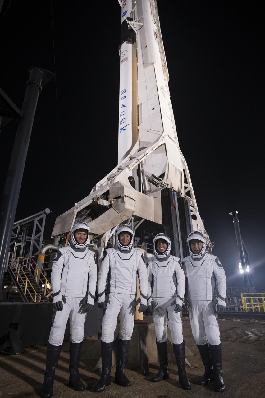 From left, Roscosmos cosmonaut Konstantin Borisov, ESA (European Space Agency) astronaut Andreas Mogensen, NASA astronaut Jasmin Moghbeli, and JAXA (Japan Aerospace Exploration Agency) astronaut Satoshi Furukawa stand in front of SpaceX’s Falcon 9 rocket and Dragon spacecraft, named Endurance, as part of a countdown dress rehearsal for NASA’s SpaceX Crew-7 mission at the agency’s Kennedy Space Center in Florida on Tuesday, Aug. 22, 2023. The four crewmates will fly to the International Space Station for a six-month rotation, conducting research and science experiments. Liftoff is targeted for 3:50 a.m. EDT Friday, Aug. 25, 2023.
