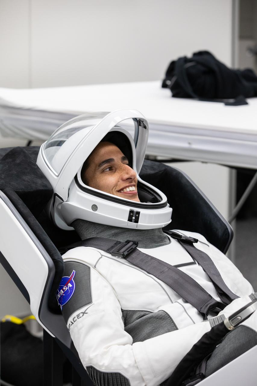 NASA’s SpaceX Crew-7 NASA astronaut Jasmin Moghbeli relaxes in the suit-up room in the Astronaut Crew Quarters inside Kennedy Space Center’s Neil A. Armstrong Operations and Checkout Building a few hours before launch. A team of SpaceX suit technicians assisted the crew as they put on their custom-fitted spacesuits and checked the suits for leaks. Konstantin, along with ESA (European Space Agency) astronaut Andreas Mogensen, JAXA (Japan Aerospace Exploration Agency) astronaut Satoshi Furukawa, and Roscosmos cosmonaut Konstantin Borisov, will launch aboard SpaceX’s Dragon spacecraft and Falcon 9 rocket to the International Space Station as part of NASA’s Commercial Crew Program. Launch is set for 3:27 a.m. EDT Saturday, Aug. 26, from Kennedy’s Launch Complex 39A.