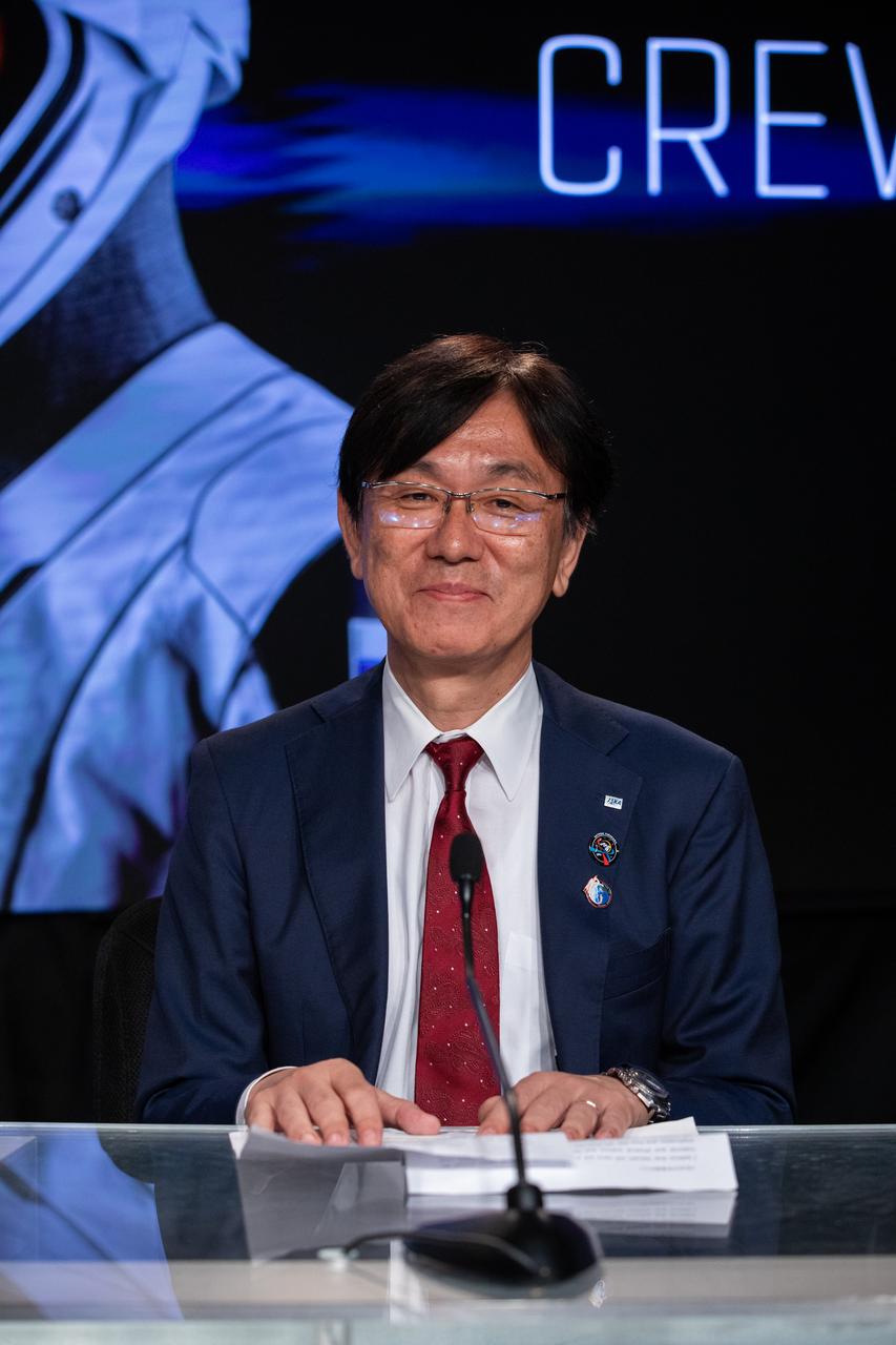 Hiroshi Sasaki, vice president of JAXA (Japan Aerospace Exploration Agency), participates in a Crew-7 postlaunch news conference at the agency’s Kennedy Space Center in Florida on Saturday, Aug. 26, 2023. Crew-7 crew members NASA astronaut Jasmin Moghbeli, ESA (European Space Agency) astronaut Andreas Mogensen, JAXA astronaut Satoshi Furukawa, and Roscosmos cosmonaut Konstantin Borisov launched aboard SpaceX’s Dragon spacecraft from Kennedy at 3:27 a.m. EDT. They will dock to the orbiting laboratory at about 8:40 a.m. EDT Sunday, Aug. 27.