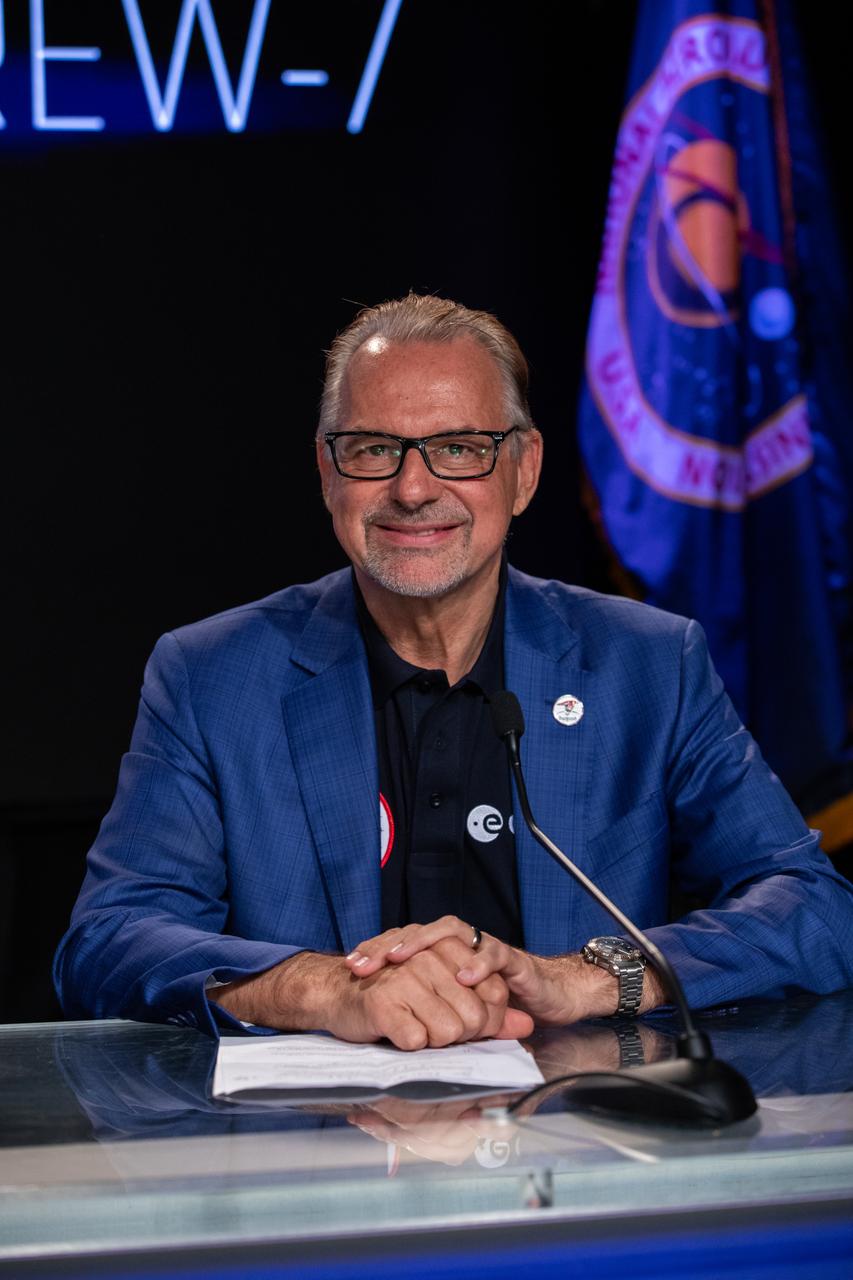 Josef Aschbacher, director general of ESA (European Space Agency), participates in a Crew-7 postlaunch news conference at the agency’s Kennedy Space Center in Florida on Saturday, Aug. 26, 2023. Crew-7 crew members NASA astronaut Jasmin Moghbeli, ESA astronaut Andreas Mogensen, JAXA (Japan Aerospace Exploration Agency) astronaut Satoshi Furukawa, and Roscosmos cosmonaut Konstantin Borisov launched aboard SpaceX’s Dragon spacecraft from Kennedy at 3:27 a.m. EDT. They will dock to the orbiting laboratory at about 8:40 a.m. EDT Sunday, Aug. 27.