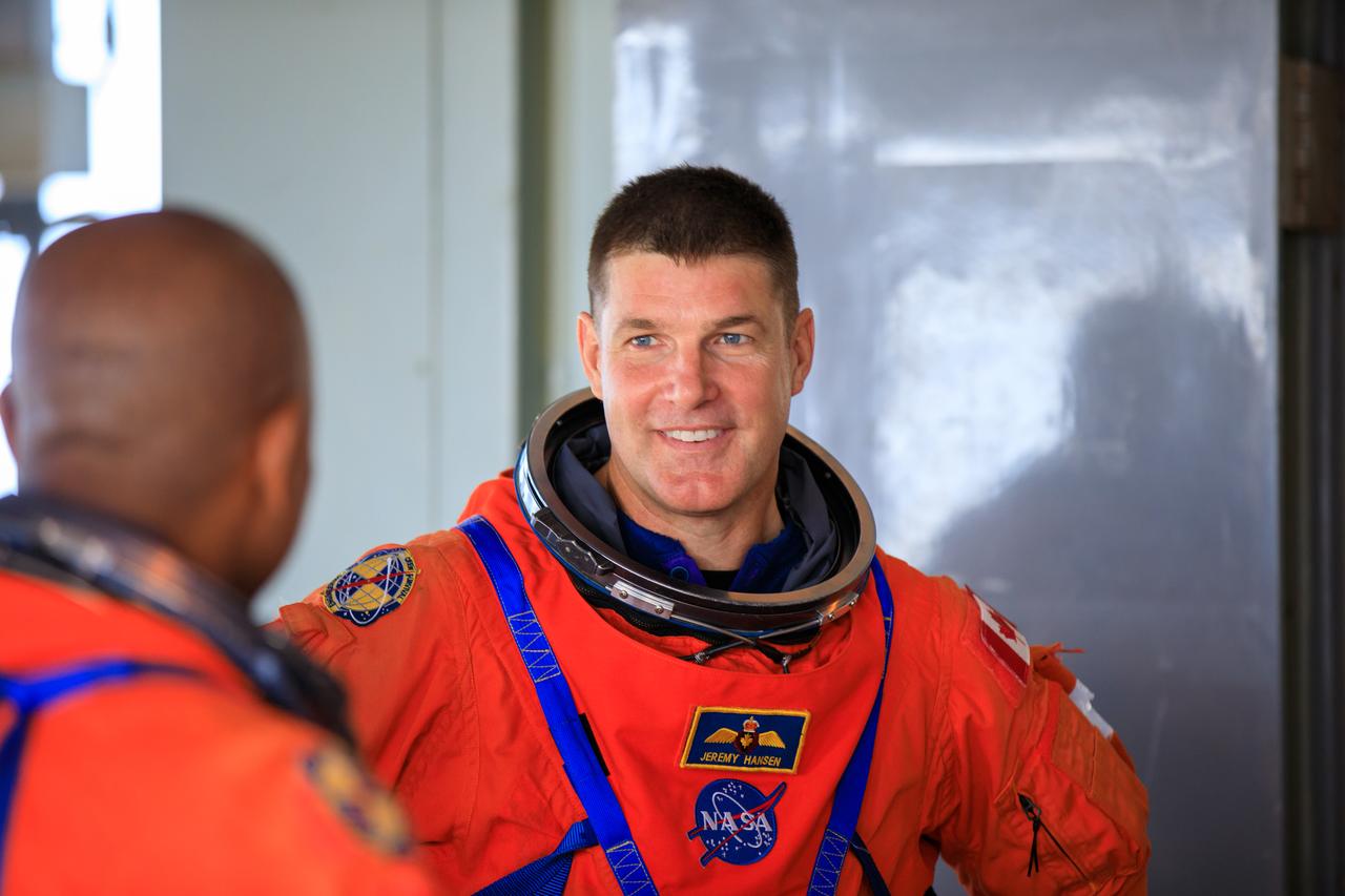 Artemis II CSA (Canadian Space Agency) astronaut Jeremy Hansen stands on the mobile launcher at Launch Pad 39B as part of an integrated ground systems test at Kennedy Space Center in Florida on Wednesday, Sept. 20, 2023. The test ensures the ground systems team is ready to support the crew timeline on launch day.