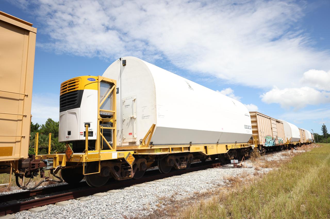 The 10 booster motor segments that will form the NASA Space Launch System rocket’s twin, five-segment solid rocket boosters for the agency’s Artemis II mission, arrive at Kennedy Space Center on Monday, Sept. 25, 2023. Due to their weight, the booster motor segments traveled by rail across eight states in specialized transporters to the Florida spaceport. Teams with NASA’s Exploration Ground Systems will process each of the segments at Kennedy in preparation for launch. Artemis II astronauts Reid Wiseman, Victor Glover, Christina Koch, and Jeremy Hansen will blast off from Kennedy, traveling around the Moon on the first crewed mission under Artemis that will test all of the Orion spacecraft’s systems. 