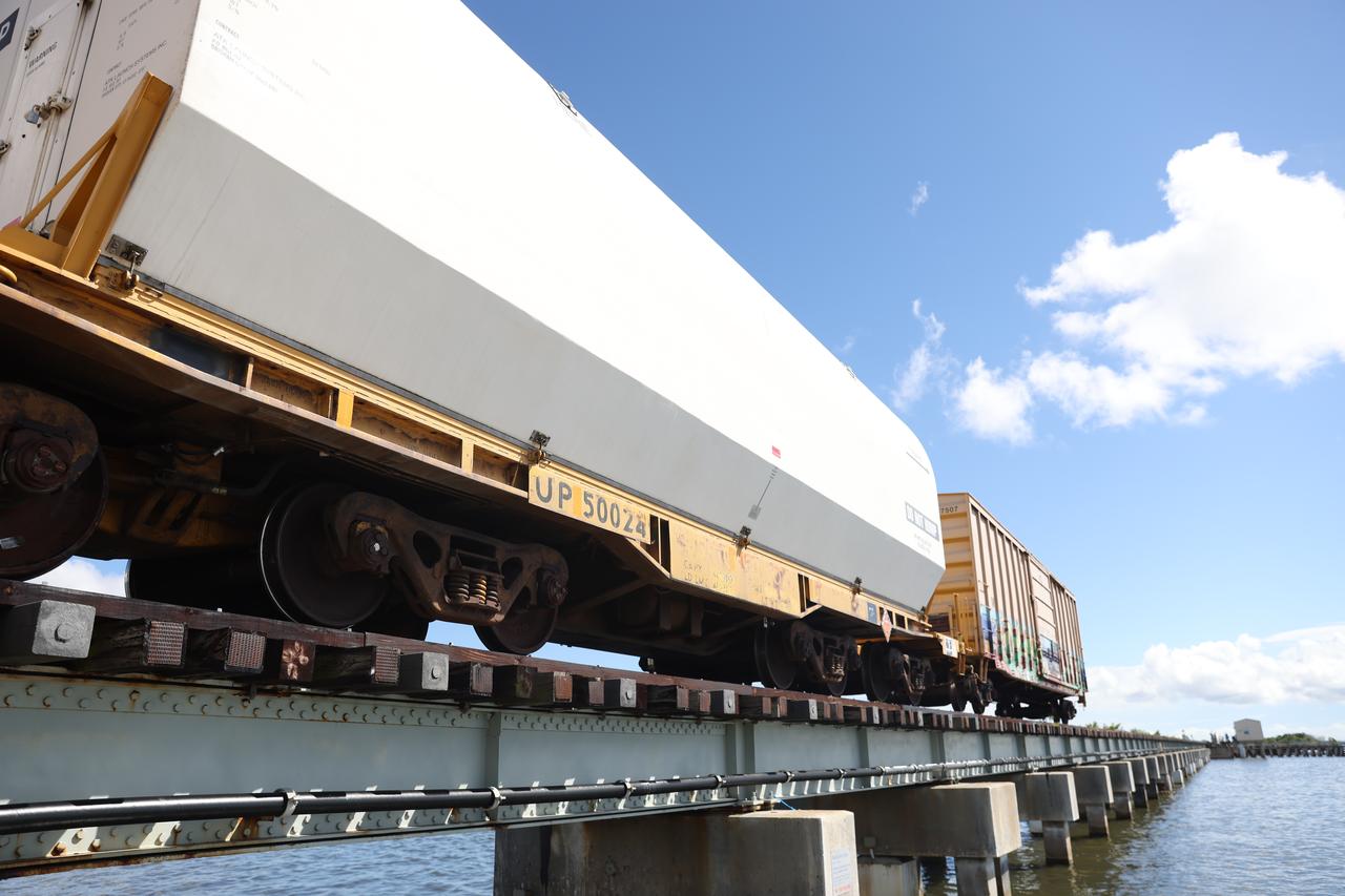 The 10 booster motor segments that will form the NASA Space Launch System rocket’s twin, five-segment solid rocket boosters for the agency’s Artemis II mission, arrive at Kennedy Space Center on Thursday, Sept. 28, 2023. Due to their weight, the booster motor segments traveled by rail across eight states in specialized transporters to the Florida spaceport. Teams with NASA’s Exploration Ground Systems will process each of the segments at Kennedy in preparation for launch. Artemis II astronauts Reid Wiseman, Victor Glover, Christina Koch, and Jeremy Hansen will blast off from Kennedy, traveling around the Moon on the first crewed mission under Artemis that will test all of the Orion spacecraft’s systems.