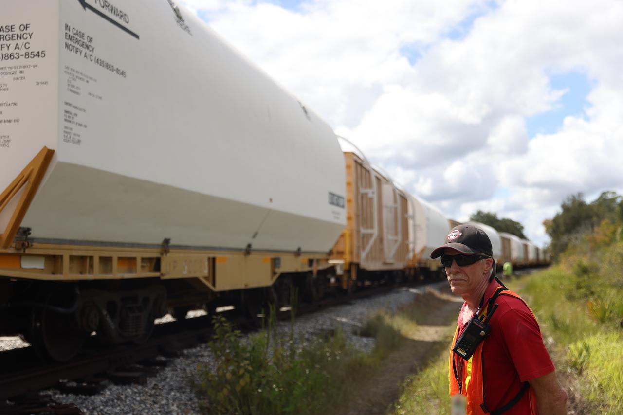 The 10 booster motor segments that will form the NASA Space Launch System rocket’s twin, five-segment solid rocket boosters for the agency’s Artemis II mission, arrive at Kennedy Space Center on Thursday, Sept. 28, 2023. Due to their weight, the booster motor segments traveled by rail across eight states in specialized transporters to the Florida spaceport. Teams with NASA’s Exploration Ground Systems will process each of the segments at Kennedy in preparation for launch. Artemis II astronauts Reid Wiseman, Victor Glover, Christina Koch, and Jeremy Hansen will blast off from Kennedy, traveling around the Moon on the first crewed mission under Artemis that will test all of the Orion spacecraft’s systems.