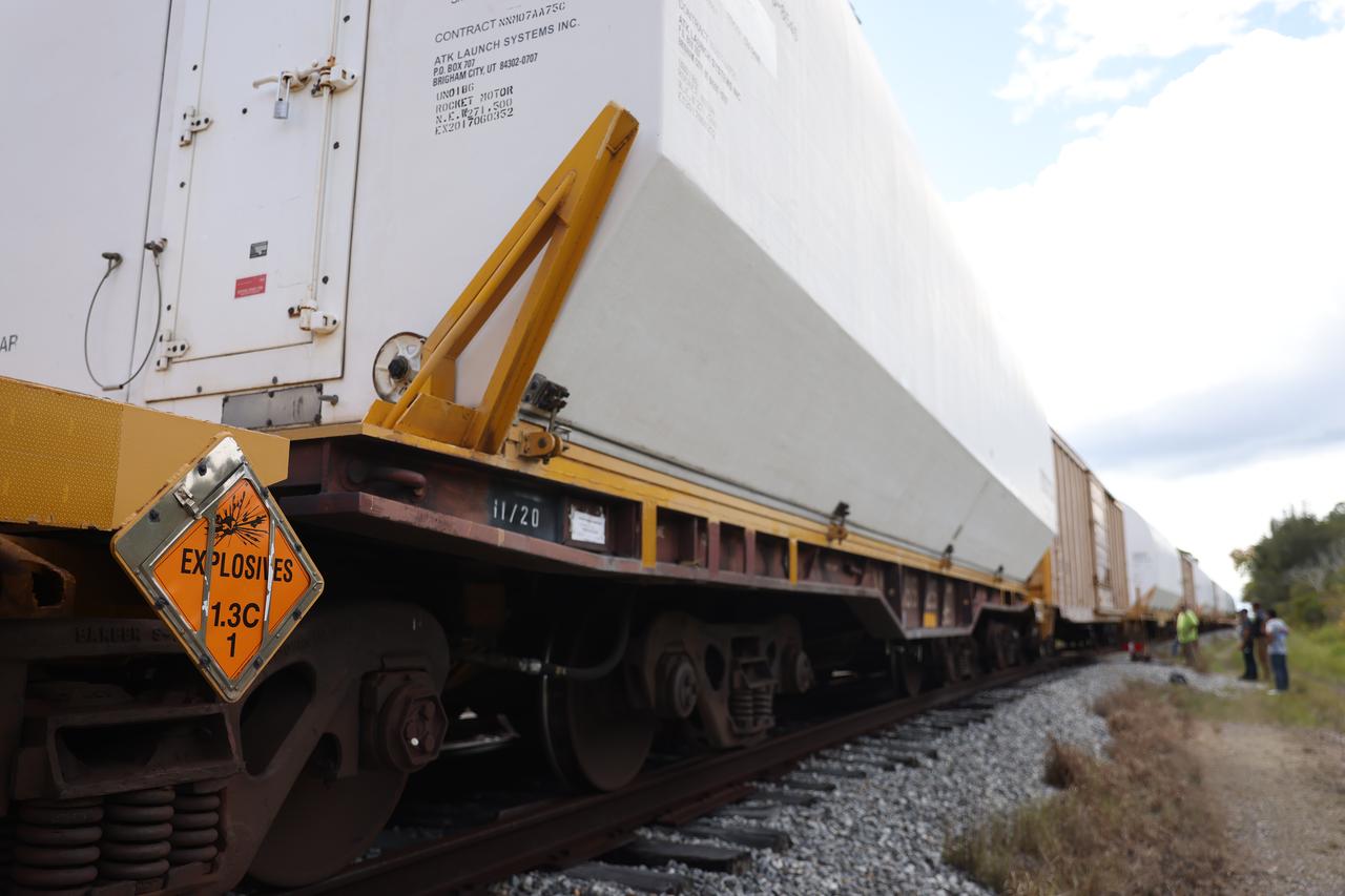 The 10 booster motor segments that will form the NASA Space Launch System rocket’s twin, five-segment solid rocket boosters for the agency’s Artemis II mission, arrive at Kennedy Space Center on Thursday, Sept. 28, 2023. Due to their weight, the booster motor segments traveled by rail across eight states in specialized transporters to the Florida spaceport. Teams with NASA’s Exploration Ground Systems will process each of the segments at Kennedy in preparation for launch. Artemis II astronauts Reid Wiseman, Victor Glover, Christina Koch, and Jeremy Hansen will blast off from Kennedy, traveling around the Moon on the first crewed mission under Artemis that will test all of the Orion spacecraft’s systems.