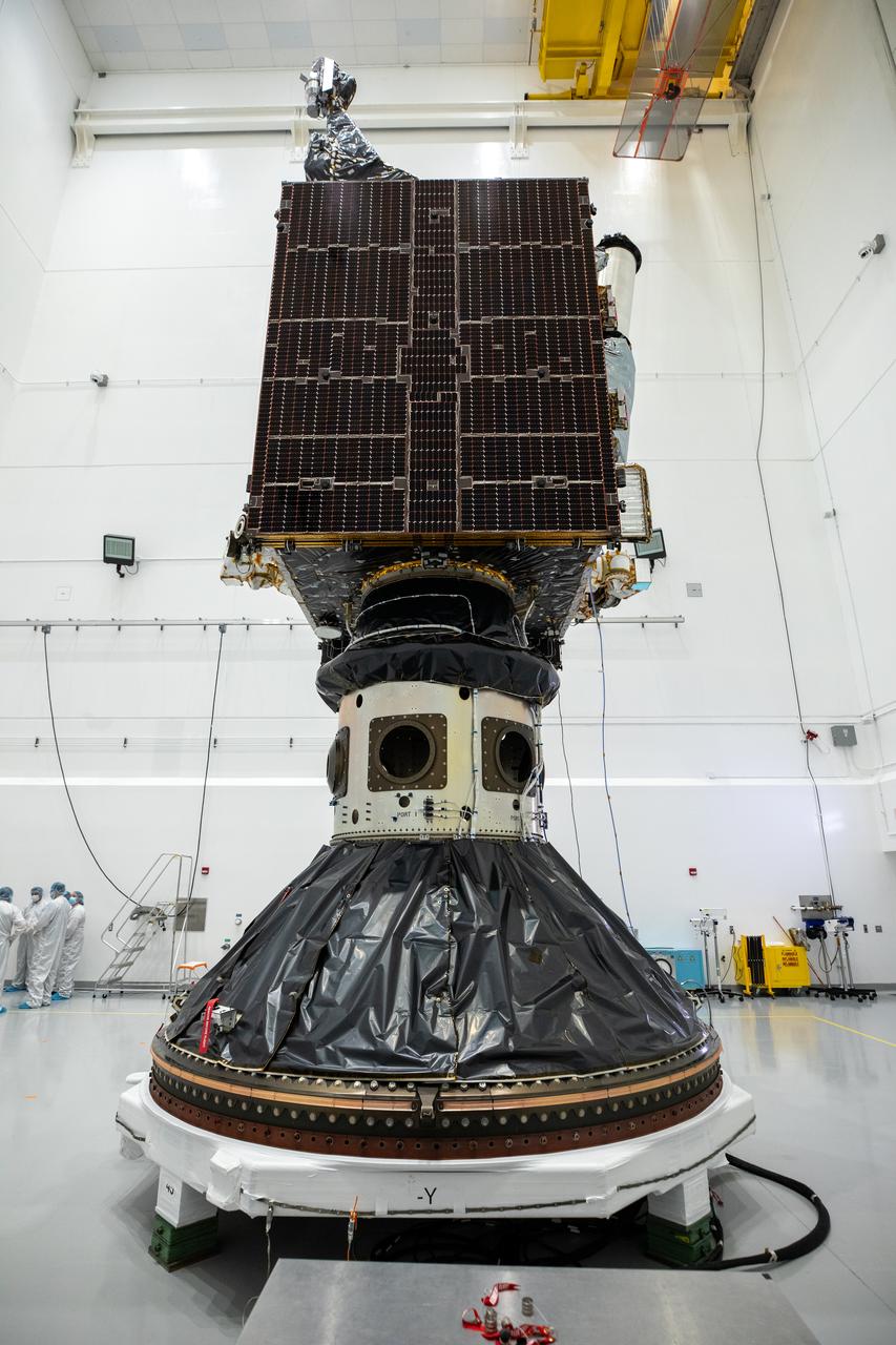 Technicians encapsulate NASA’s Psyche spacecraft in its payload fairings – the cone at the top of the rocket – at the Astrotech Space Operations facility in Titusville, Florida, on Tuesday, Oct. 3, 2023. Next, the spacecraft will move to SpaceX facilities at NASA’s Kennedy Space Center. Bound for a metal-rich asteroid of the same name, the Psyche mission is targeting Thursday, Oct. 12, to launch from Kennedy. Liftoff, atop a SpaceX Falcon Heavy rocket, is targeted for 10:16 a.m. EDT from Launch Complex 39A. 