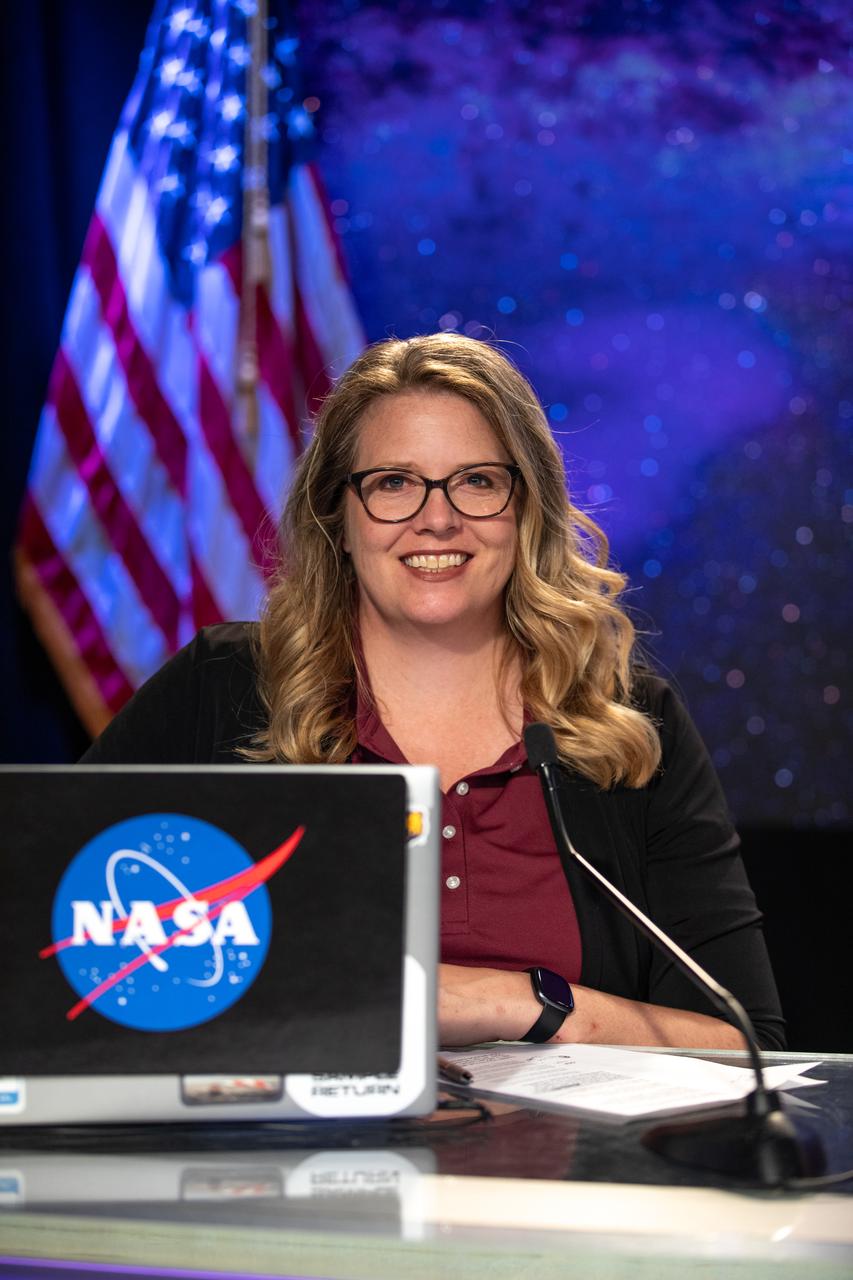 Alana Johnson, NASA Communications, moderates a Psyche mission and science briefing at NASA’s Kennedy Space Center in Florida on Tuesday, Oct. 10, 2023. Psyche is the first mission to explore an asteroid with a surface that likely contains substantial amounts of metal rather than rock or ice. Liftoff of NASA’s Psyche spacecraft, atop a SpaceX Falcon Heavy rocket, is targeted for 10:16 a.m. EDT Thursday, Oct. 12, from Kennedy’s Launch Complex 39A.