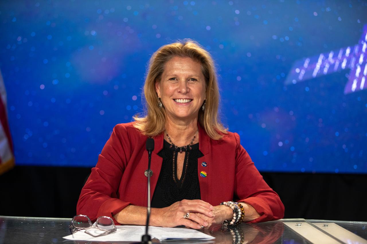 Lori Glaze, Planetary Science division director, NASA Headquarters, participates in a Psyche mission and science briefing at NASA’s Kennedy Space Center in Florida on Tuesday, Oct. 10, 2023. Psyche is the first mission to explore an asteroid with a surface that likely contains substantial amounts of metal rather than rock or ice. Liftoff of NASA’s Psyche spacecraft, atop a SpaceX Falcon Heavy rocket, is targeted for 10:16 a.m. EDT Thursday, Oct. 12, from Kennedy’s Launch Complex 39A.