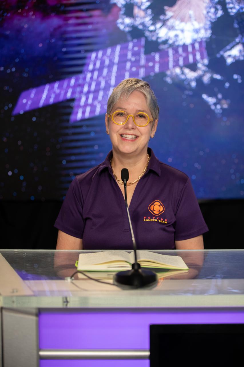Lindy Elkins-Tanton, Psyche principal investigator, Arizona State University, participates in a Psyche mission and science briefing at NASA’s Kennedy Space Center in Florida on Tuesday, Oct. 10, 2023. Psyche is the first mission to explore an asteroid with a surface that likely contains substantial amounts of metal rather than rock or ice. Liftoff of NASA’s Psyche spacecraft, atop a SpaceX Falcon Heavy rocket, is targeted for 10:16 a.m. EDT Thursday, Oct. 12, from Kennedy’s Launch Complex 39A.